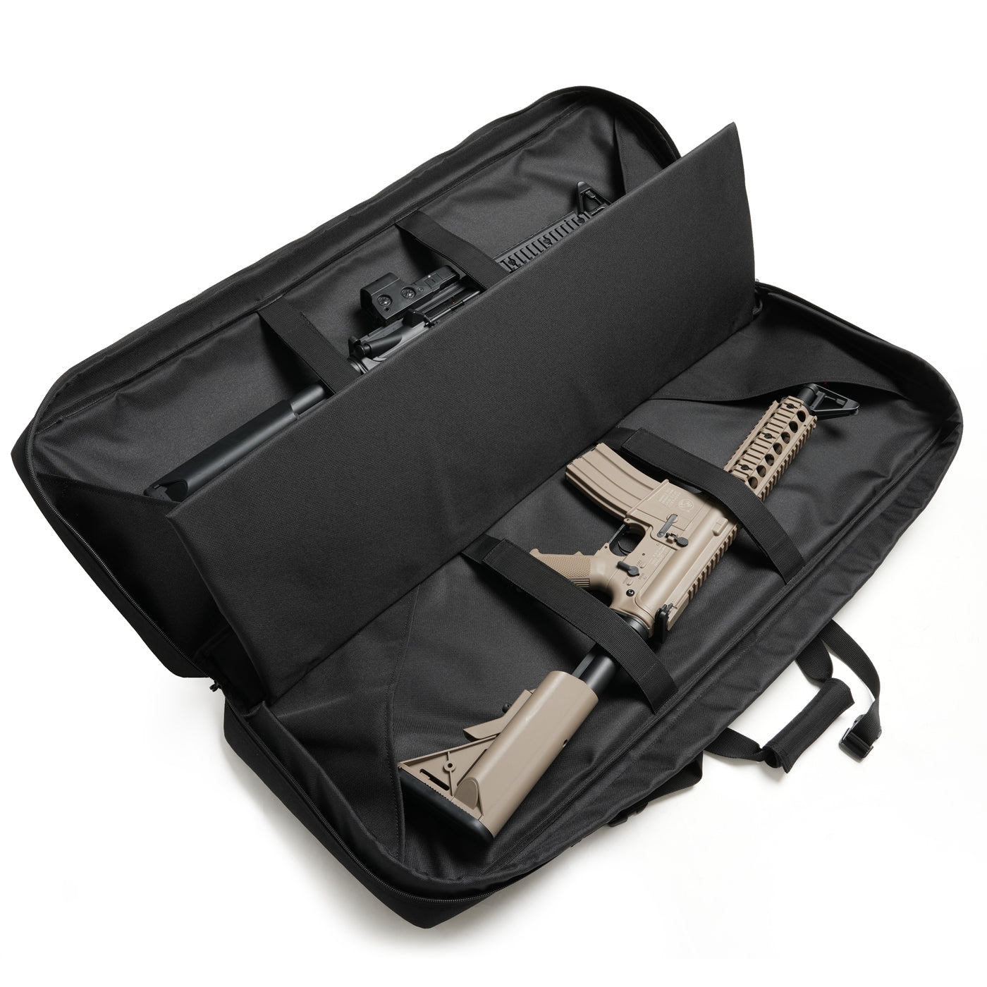 Open black tactical rifle case with two rifles, spacious compartments and dividers for protection.
