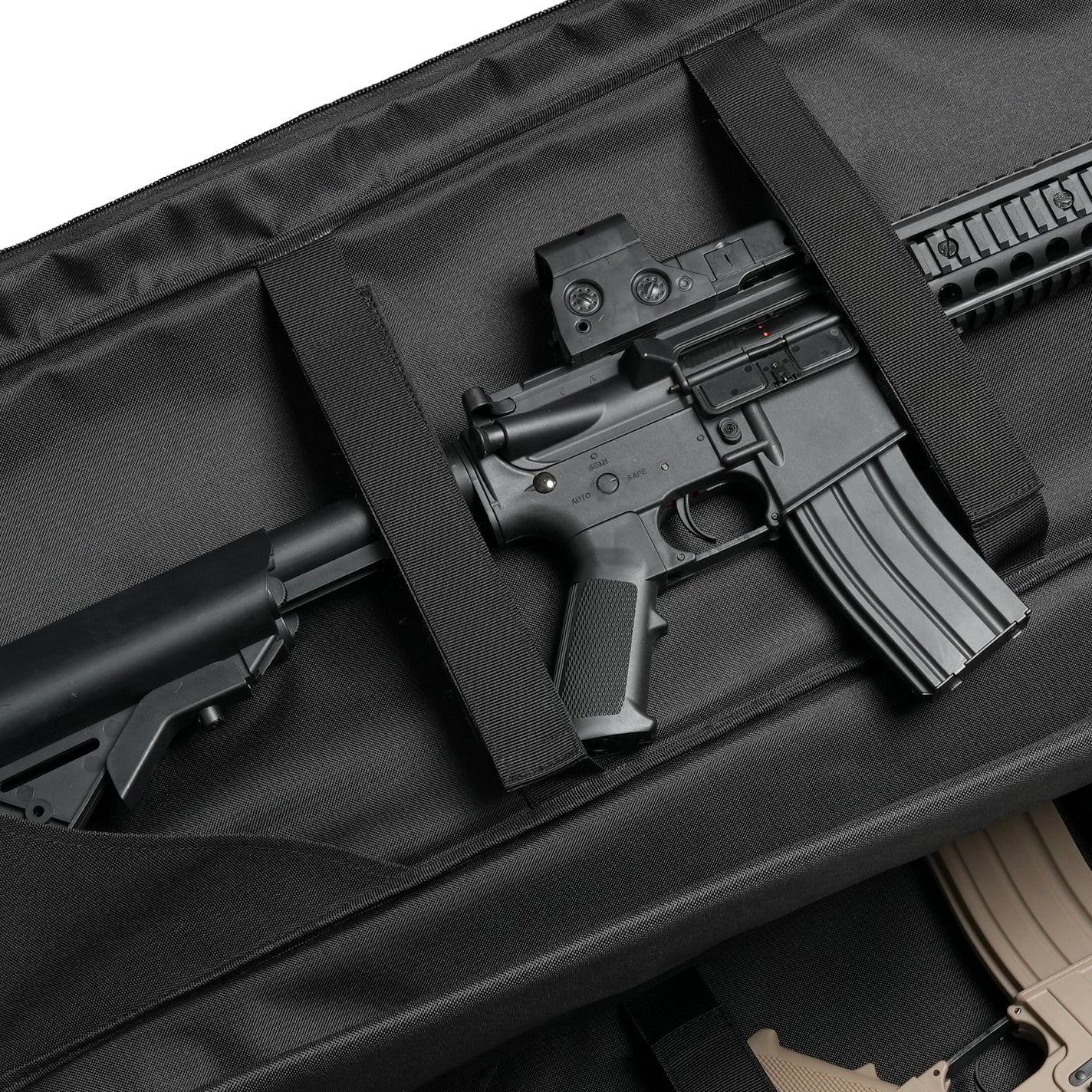 Black DULCE DOM Concealable Rifle Case Pro 2.0, showcasing rifle secure inside, durable nylon with reinforced straps.
