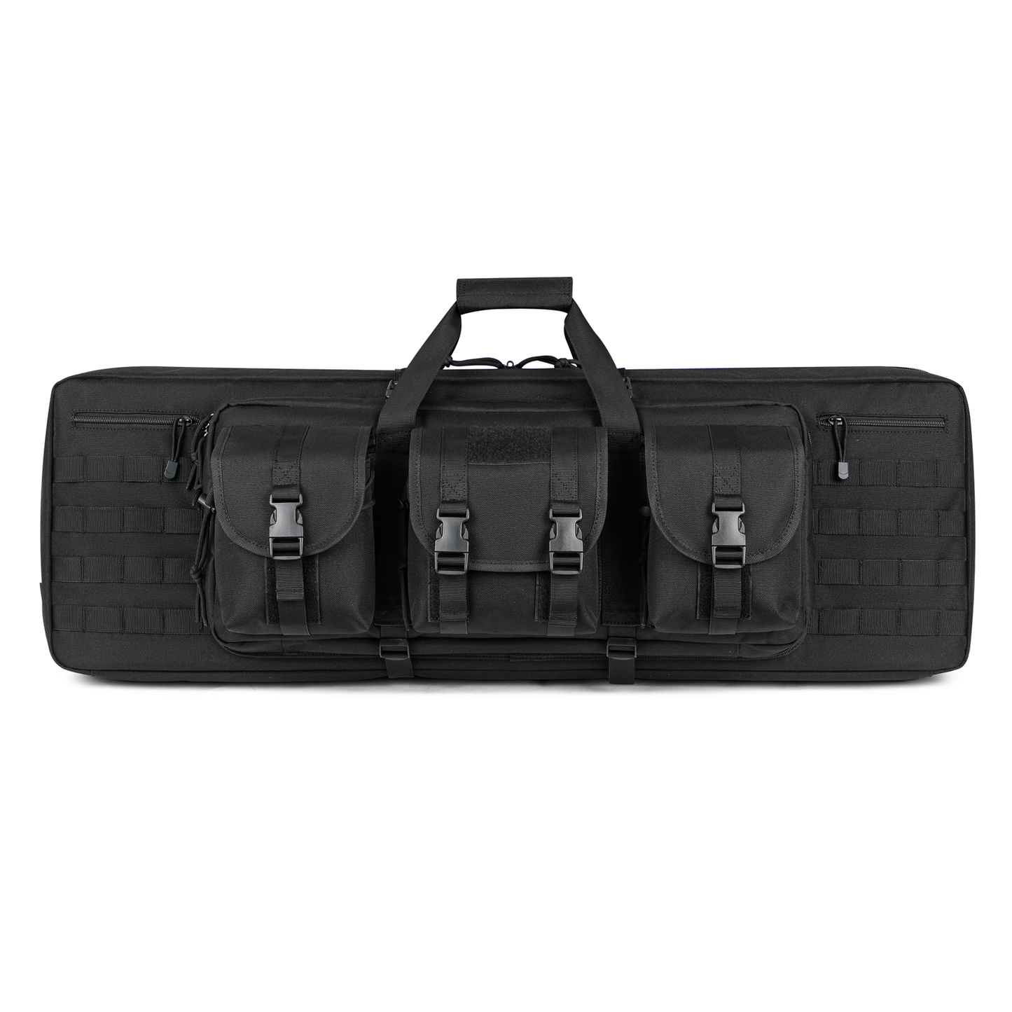 Black tactical rifle case with multiple pockets, MOLLE system, and carry handle