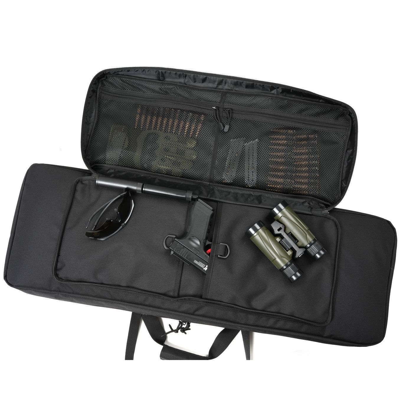 DULCE DOM All Range Tactical Rifle Case Pro 2.0, Black, opened with firearm, pistol, and accessories.