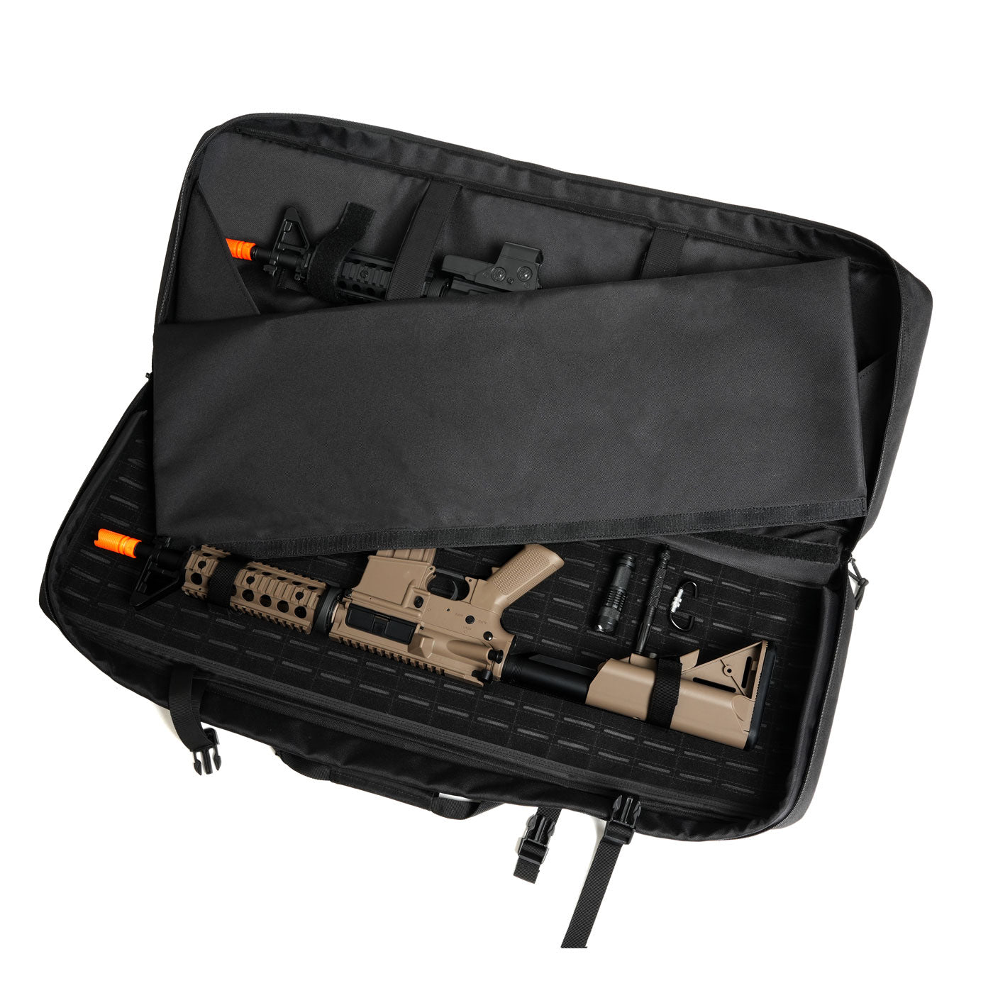 DULCE DOM All Range Tactical Rifle Case Pro 2.0 open, black with rifle, pistol and accessories.
