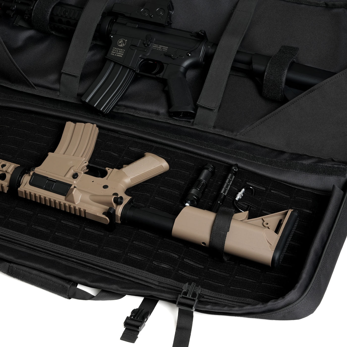 DULCE DOM Pro 2.0 rifle case, black 600D Oxford, open with rifles, accessories, interior MOLLE system.