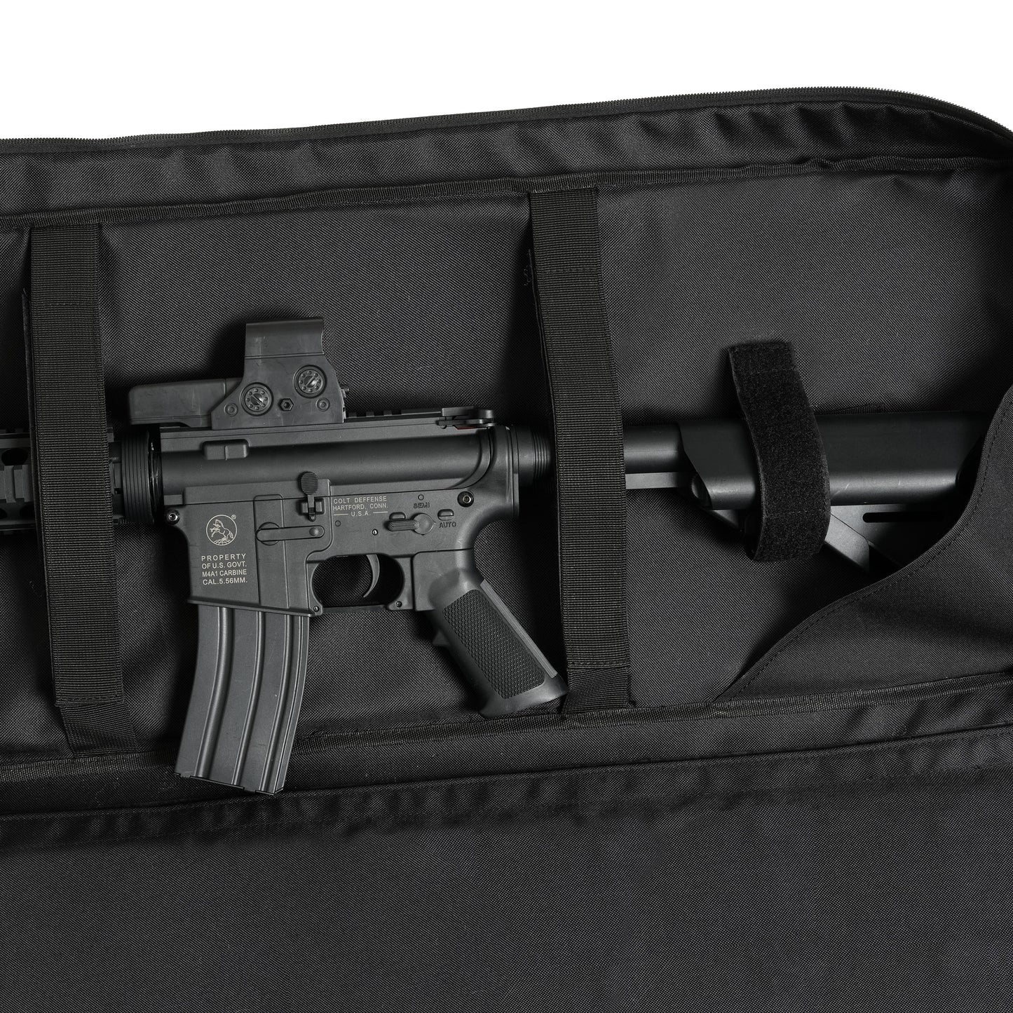 DULCE DOM Tactical Rifle Case Pro 2.0, black M4A1 Carbine inside. Durable 600D Oxford fabric, with red dot sight.