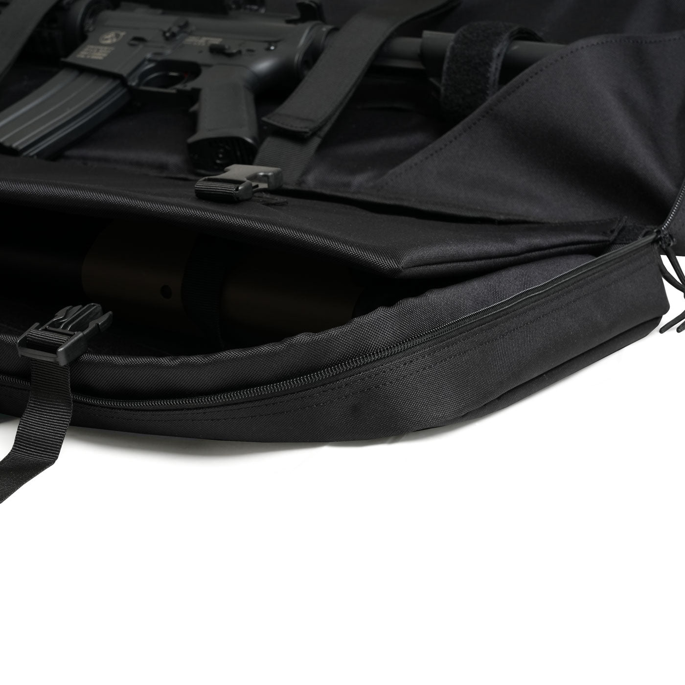 Close-up of tactical rifle case edge with reinforced padding and secure zipper closure.