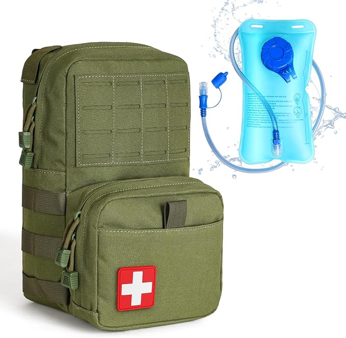DULCE DOM olive green tactical Molle hydration backpack with 1.5L bladder, red cross patch, for tactical use.