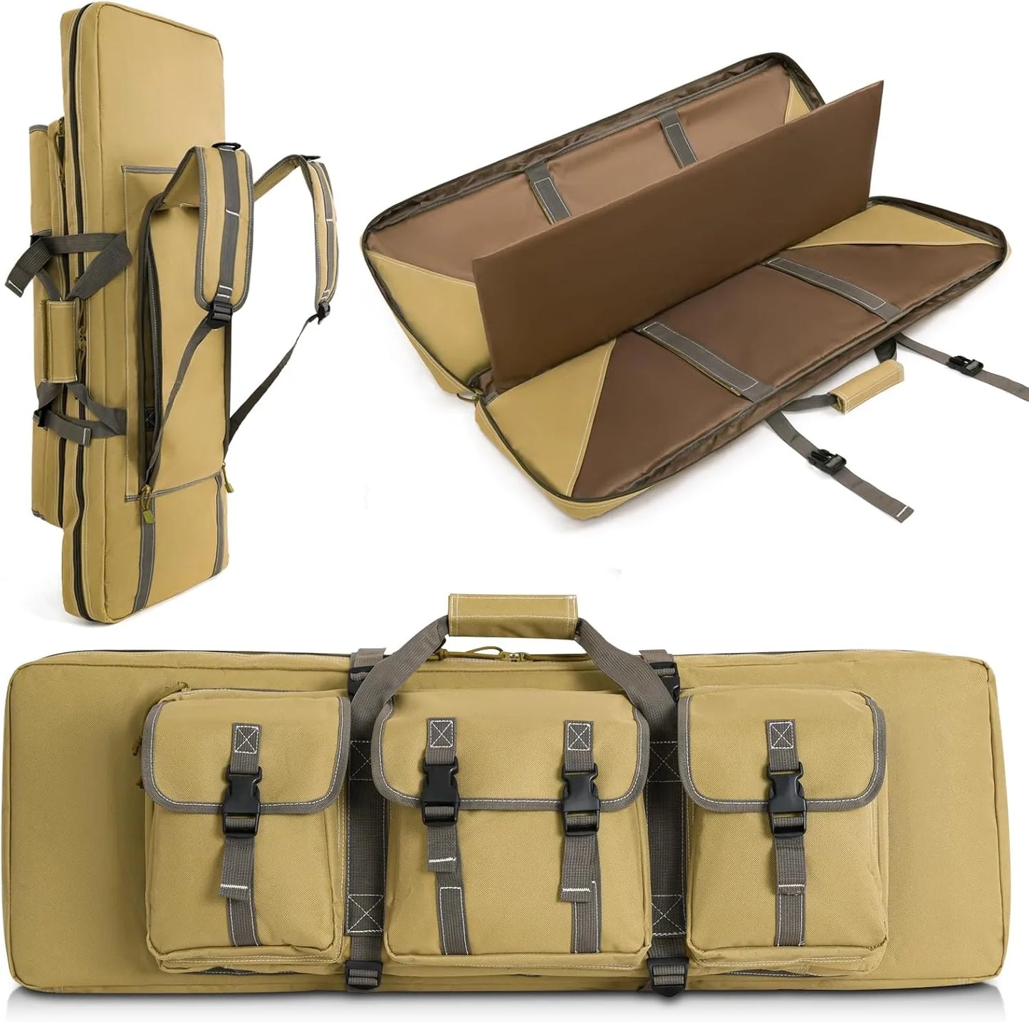 DULCE DOM Tactical Rifle Case, khaki 600D Oxford, multiple compartments, backpack & hand carry for secure rifle transport.