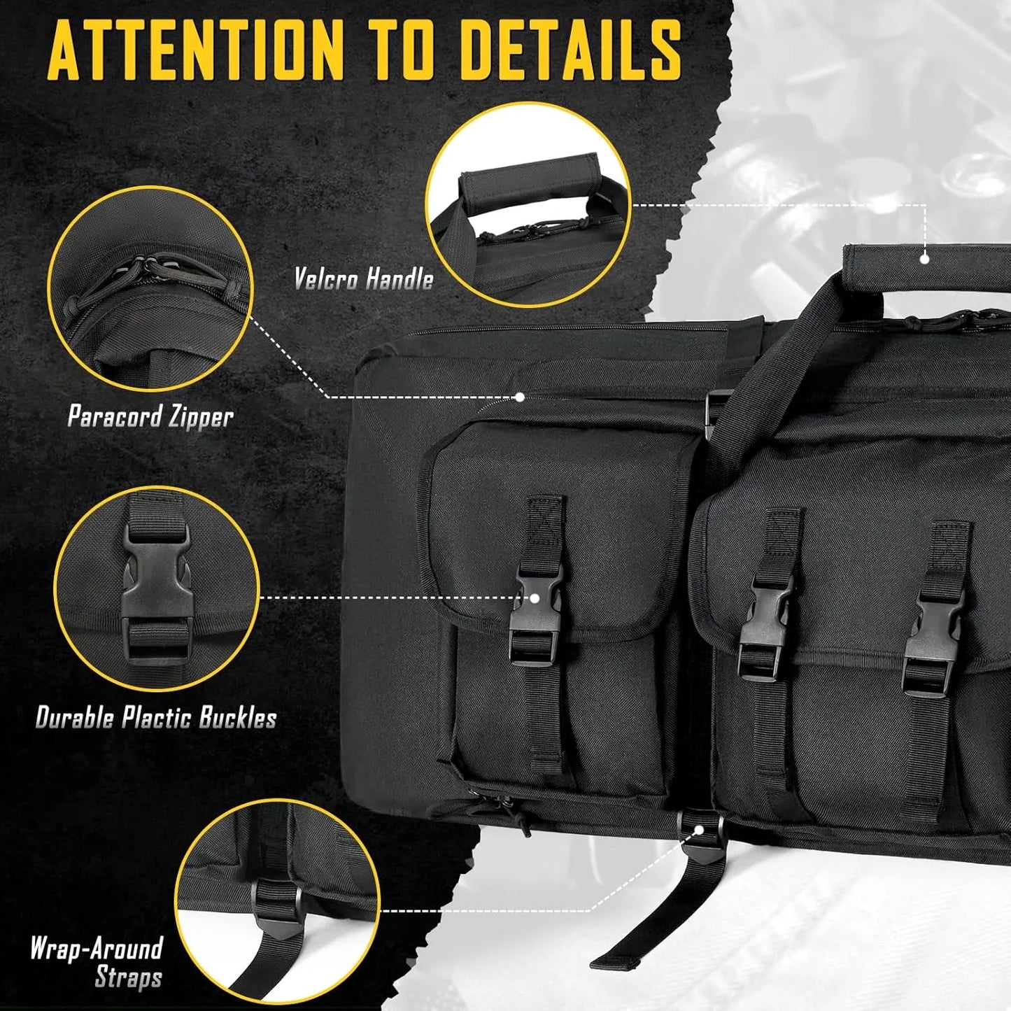 DULCE DOM rifle case detail: paracord zipper, Velcro handle, durable buckles, Oxford fabric, wrap straps.