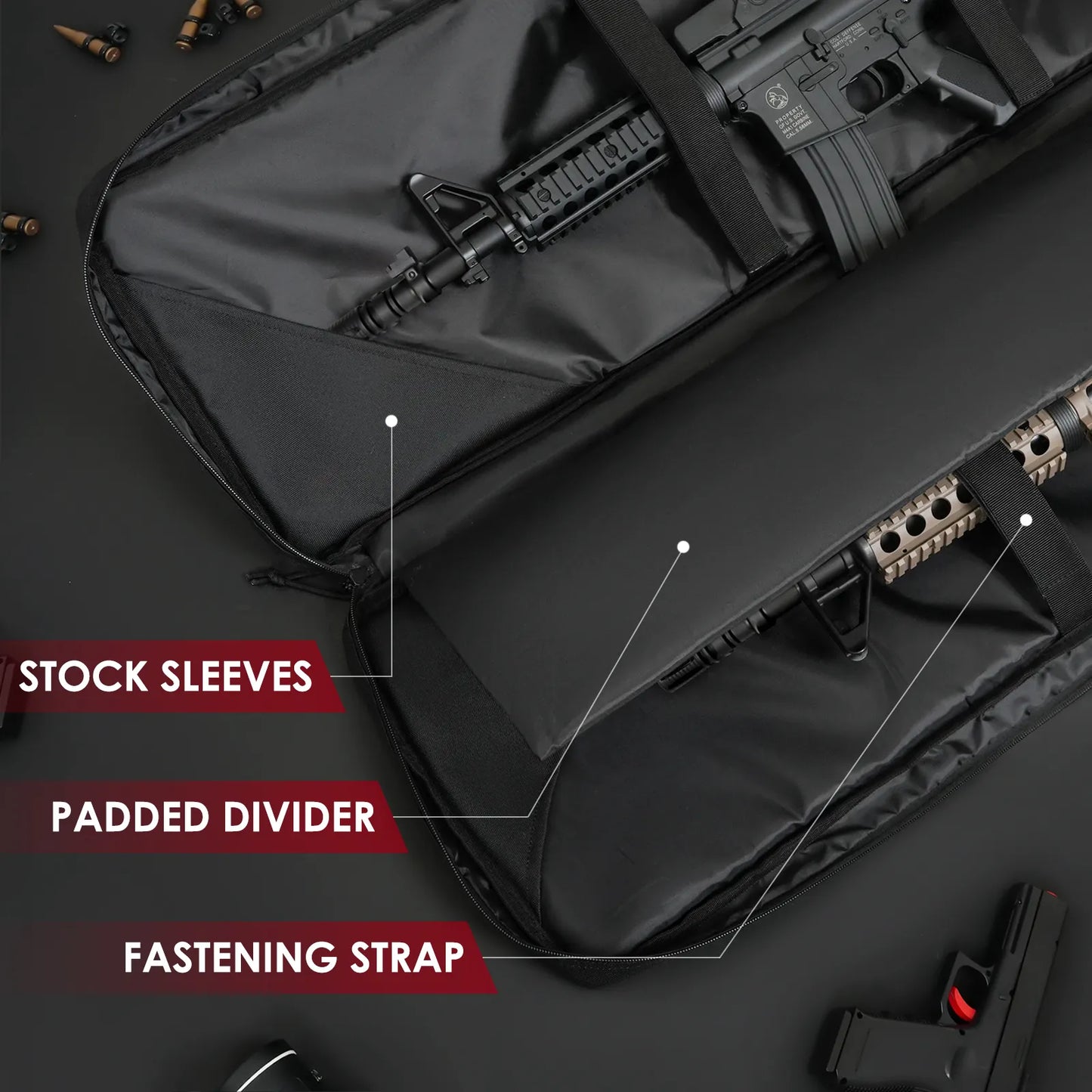 DULCE DOM rifle case interior: stock sleeves, padded divider, fastening straps, black Oxford fabric for two rifles.