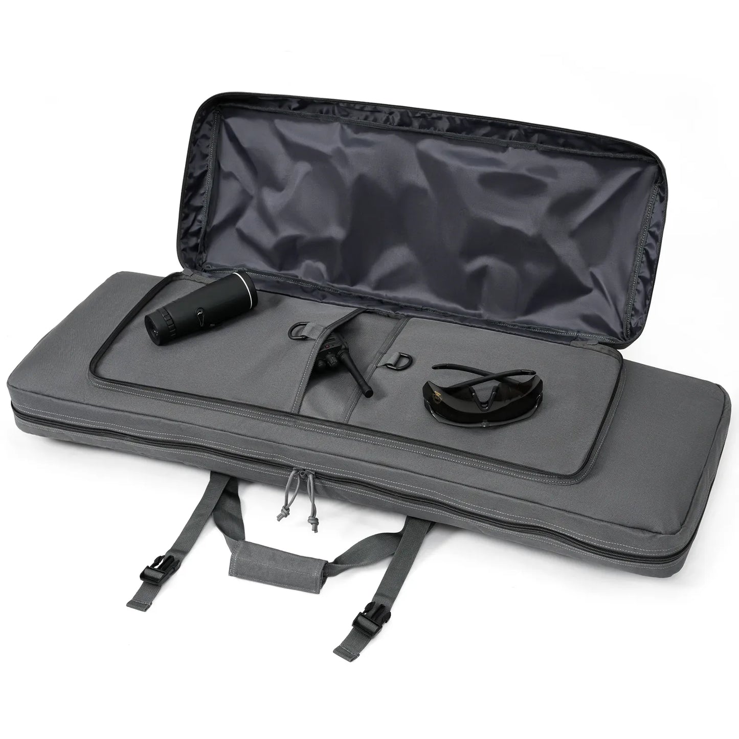 DULCE DOM gray tactical rifle case open, showing interior storage and accessories. Durable Oxford fabric.