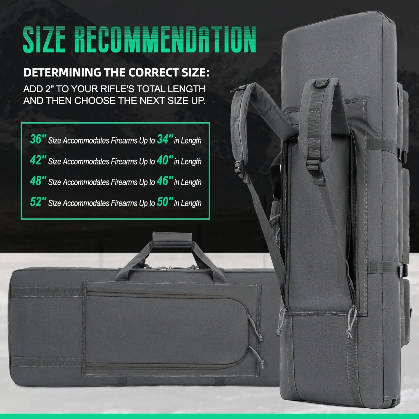 DULCE DOM tactical rifle case size guide, black Oxford fabric. Offers secure rifle transport, sizes from 36" to 52".