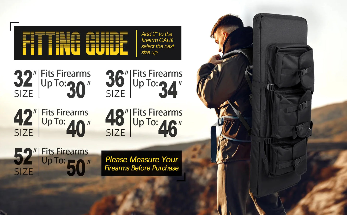 DULCE DOM rifle case size guide. Black tactical rifle case with size recommendations. Measure firearms before purchase.