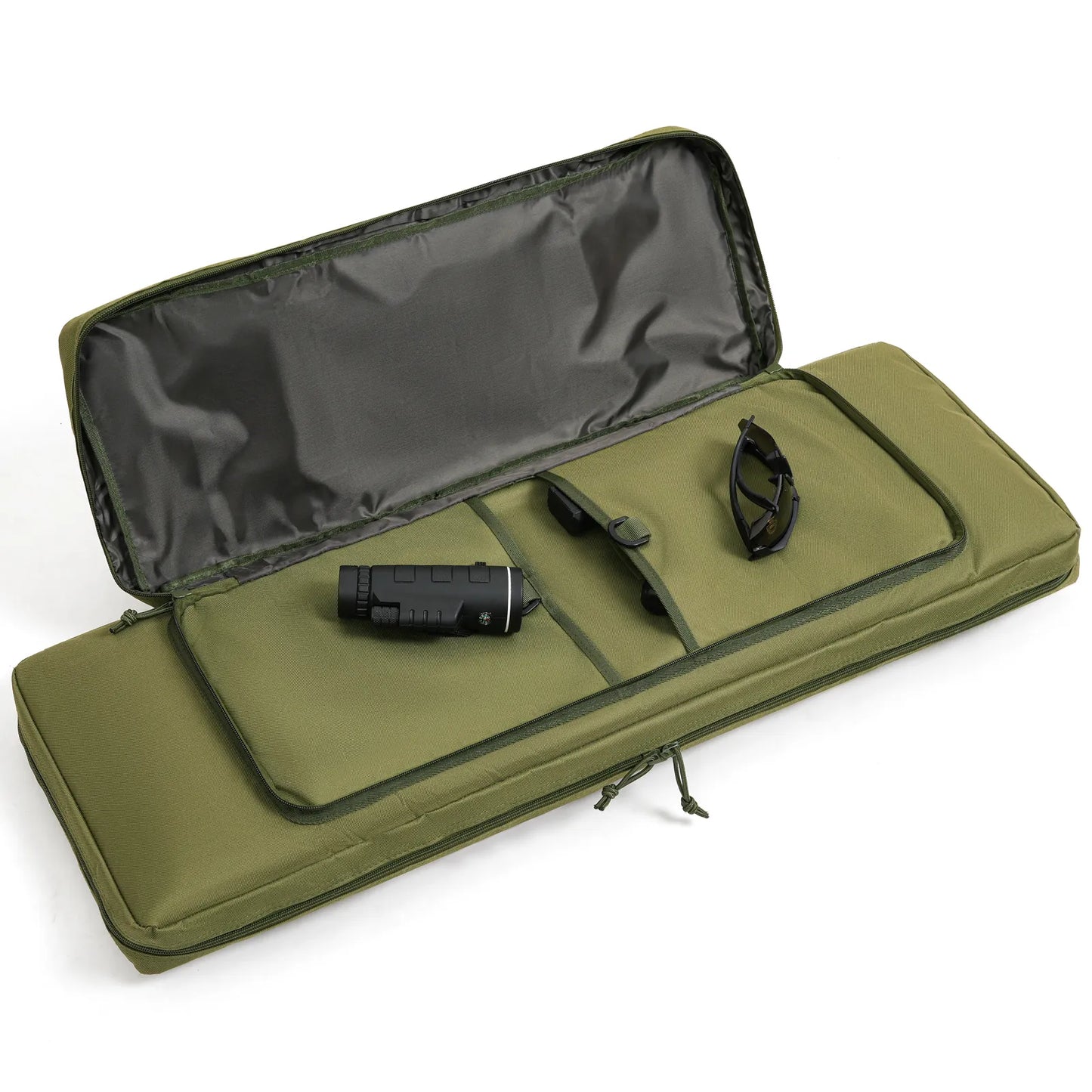 Khaki DULCE DOM Tactical Rifle Case open, showing compartments, accessories: monocular, sunglasses.