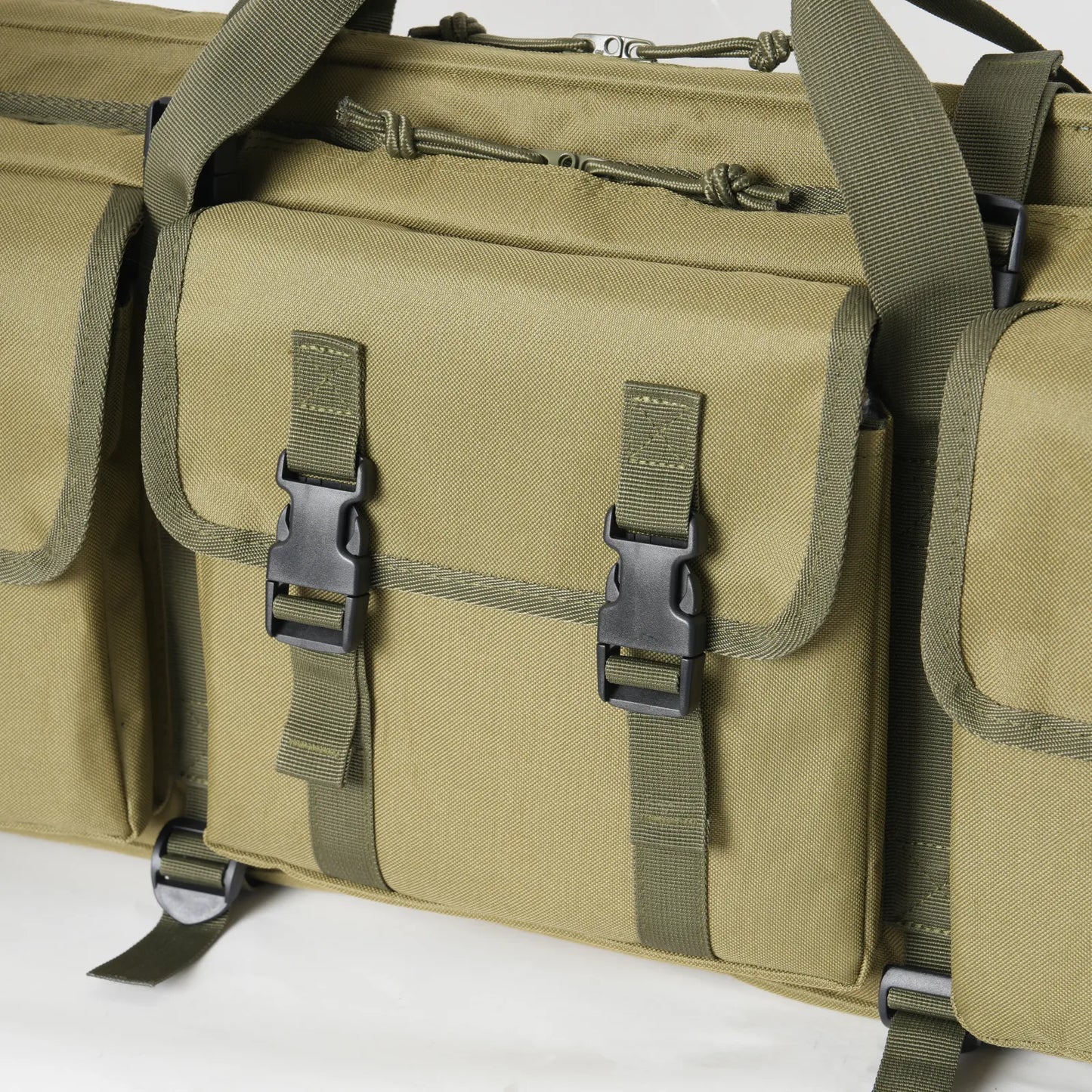 DULCE DOM Tactical Rifle Case in Khaki, featuring buckles, pockets, and durable Oxford fabric.