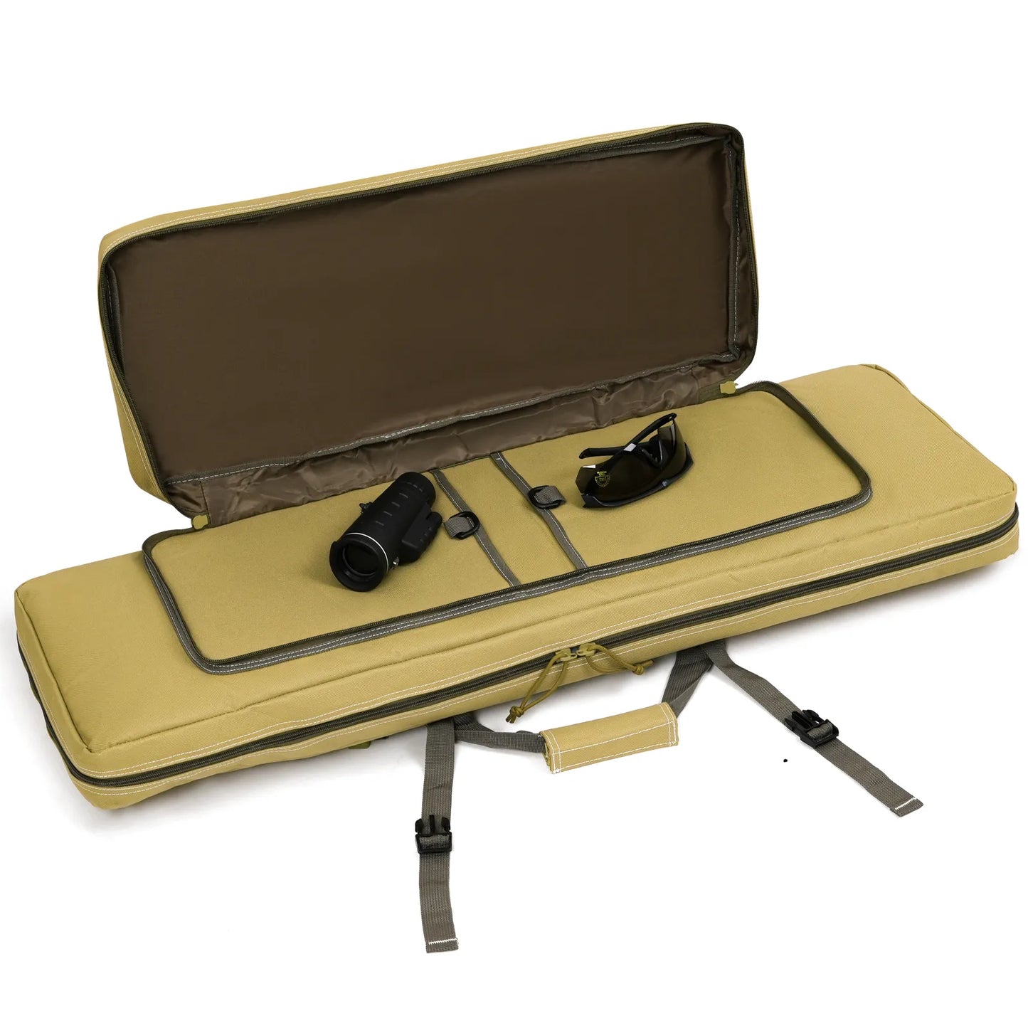 Khaki DULCE DOM Tactical Rifle Case open, interior with sunglasses and monocular. Oxford fabric.