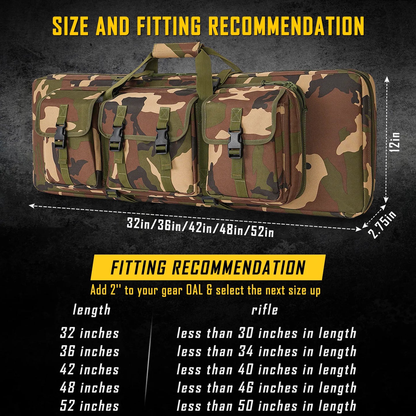 DULCE DOM Tactical Rifle Case size guide, camo case with fitting recommendations, multiple sizes.