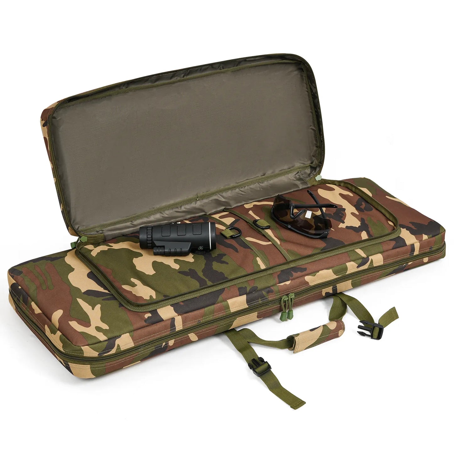 DULCE DOM Camo Tactical Rifle Case open, with accessories, Oxford fabric, durable and waterproof.