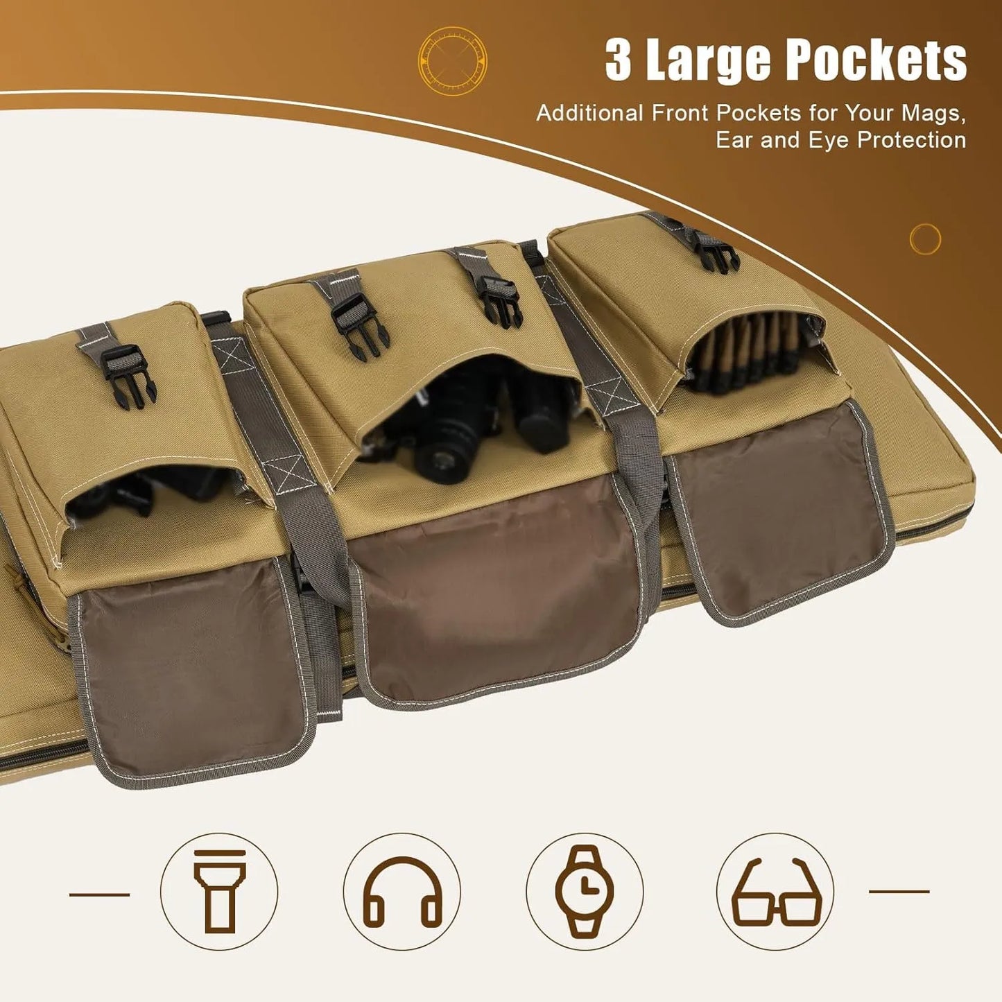 DULCE DOM tactical rifle case, khaki, featuring 3 large front pockets for mags, ear, and eye protection.