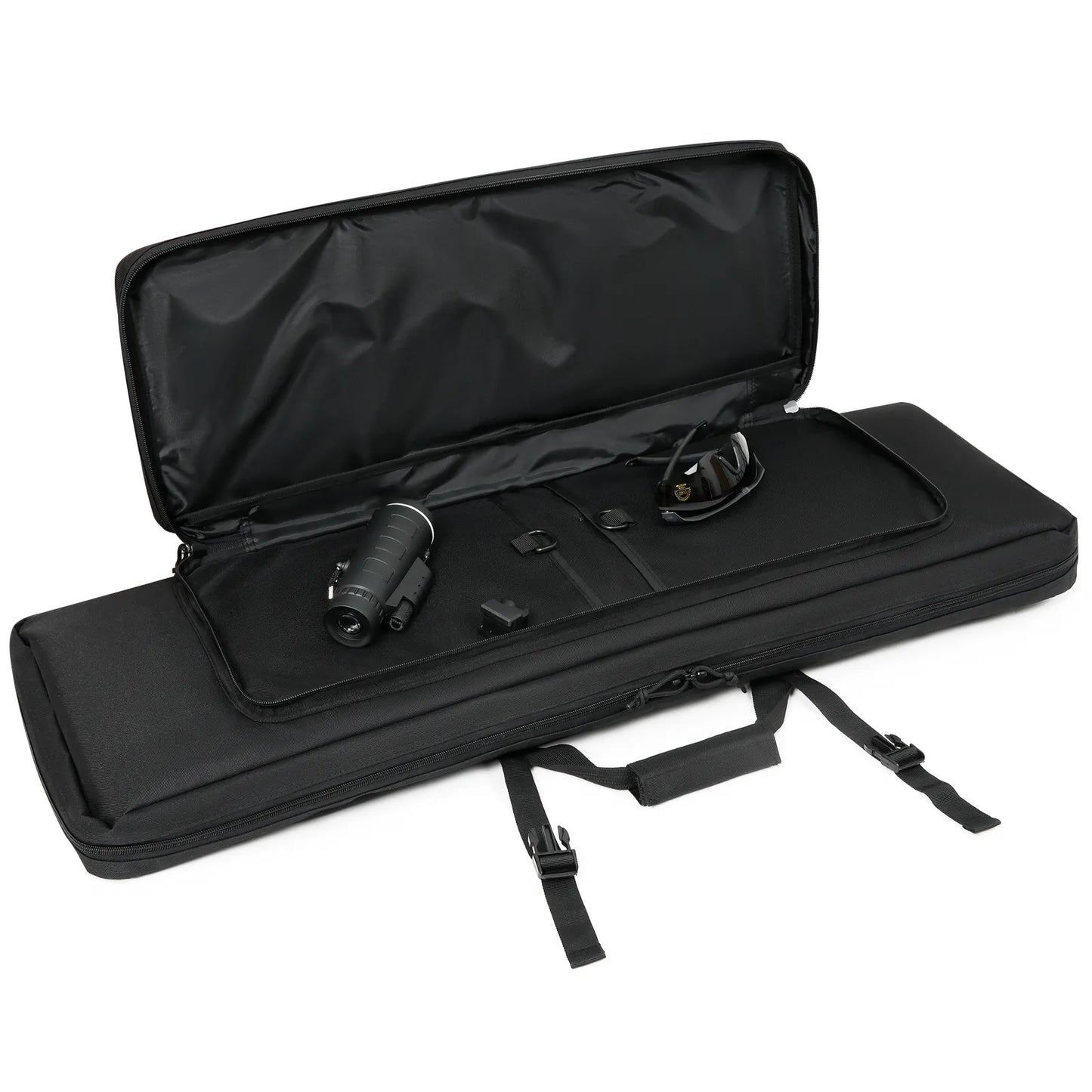 DULCE DOM black tactical rifle case open, showing internal storage, Oxford fabric, accessories, secure transport.