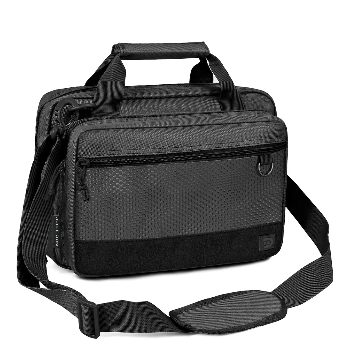 Dulce Dom pistol case, black tactical gear bag with shoulder strap, waterproof and durable for firearm storage.