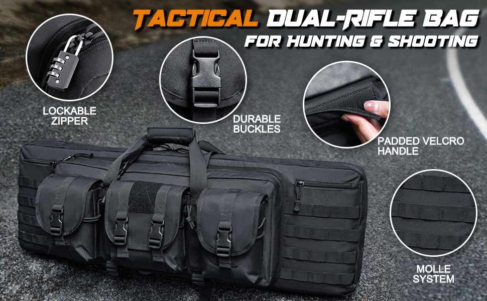 Tactical dual-rifle bag featuring lockable zippers, durable buckles, padded velcro handle, and MOLLE system for hunting and shooting.
