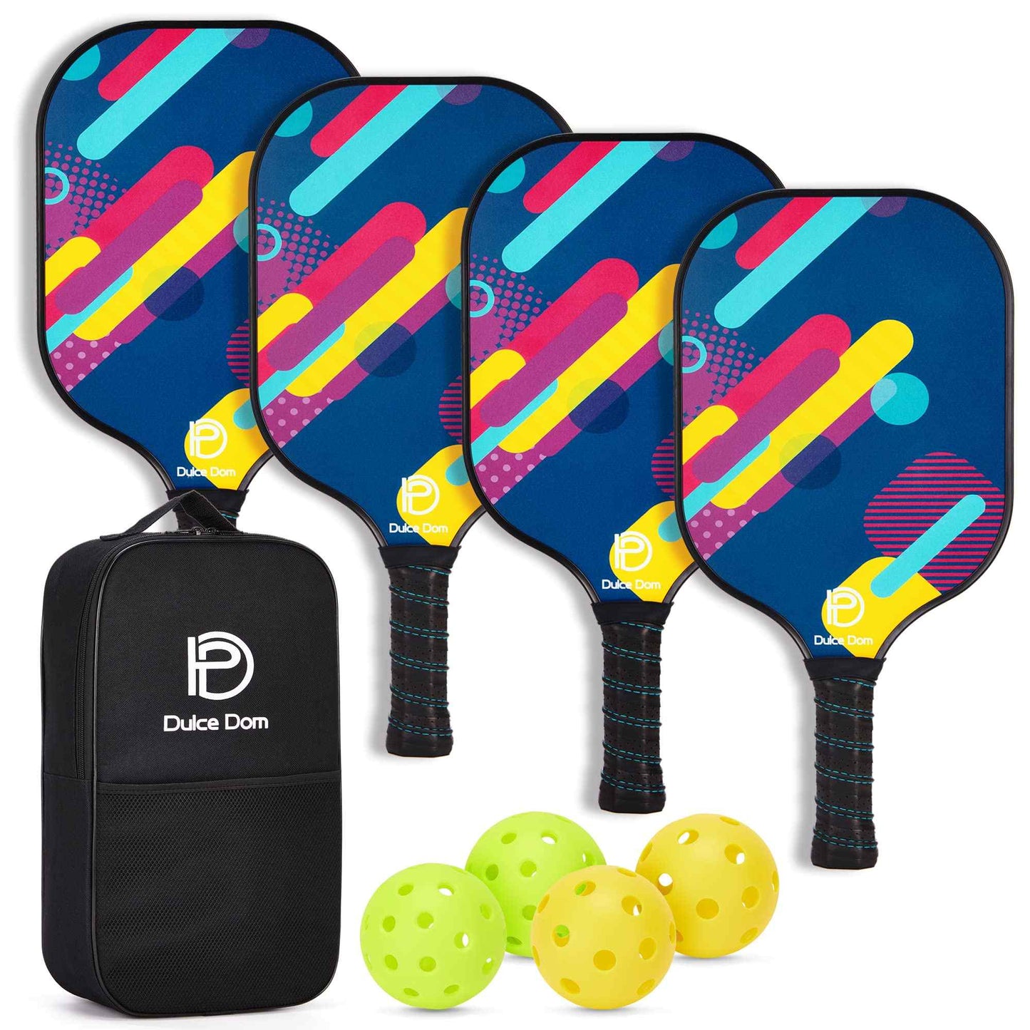 DULCE DOM pickleball set: 4 paddles, balls, and bag. Fiberglass paddles, vibrant, ergonomic for comfort.