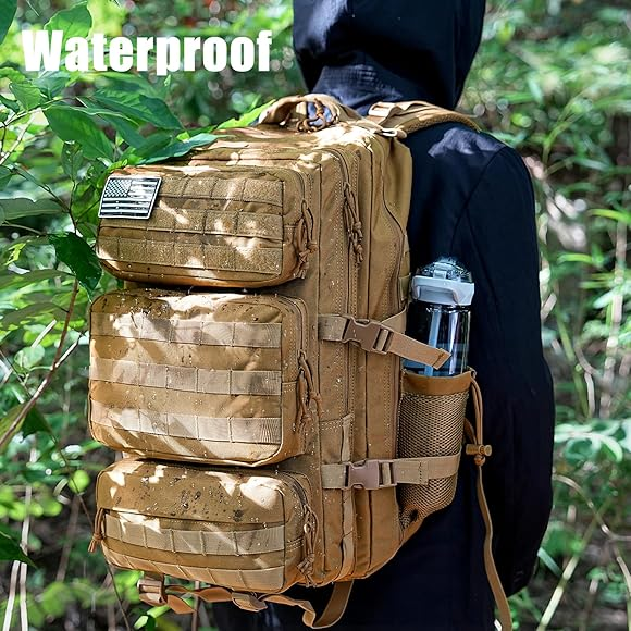 Person wearing a tan waterproof tactical backpack with MOLLE webbing in a forest environment