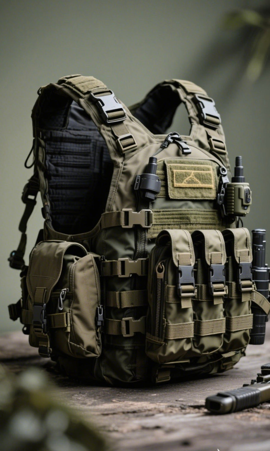 An olive drab tactical vest equipped with multiple pouches, buckles, and gear
