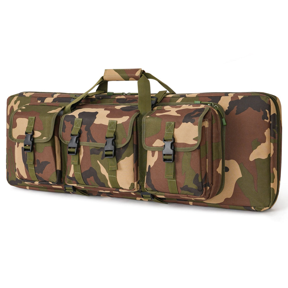 A horizontally positioned woodland camouflage tactical rifle bag with multiple external pouches and a carry handle