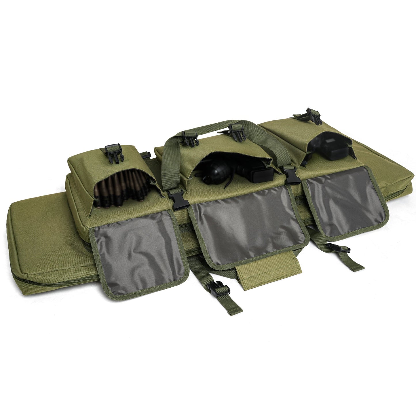 An olive green tactical rifle case laid open, displaying its external pockets filled with rifle cartridges, a monocular, and shooting glasses. The pocket flaps have clear internal windows