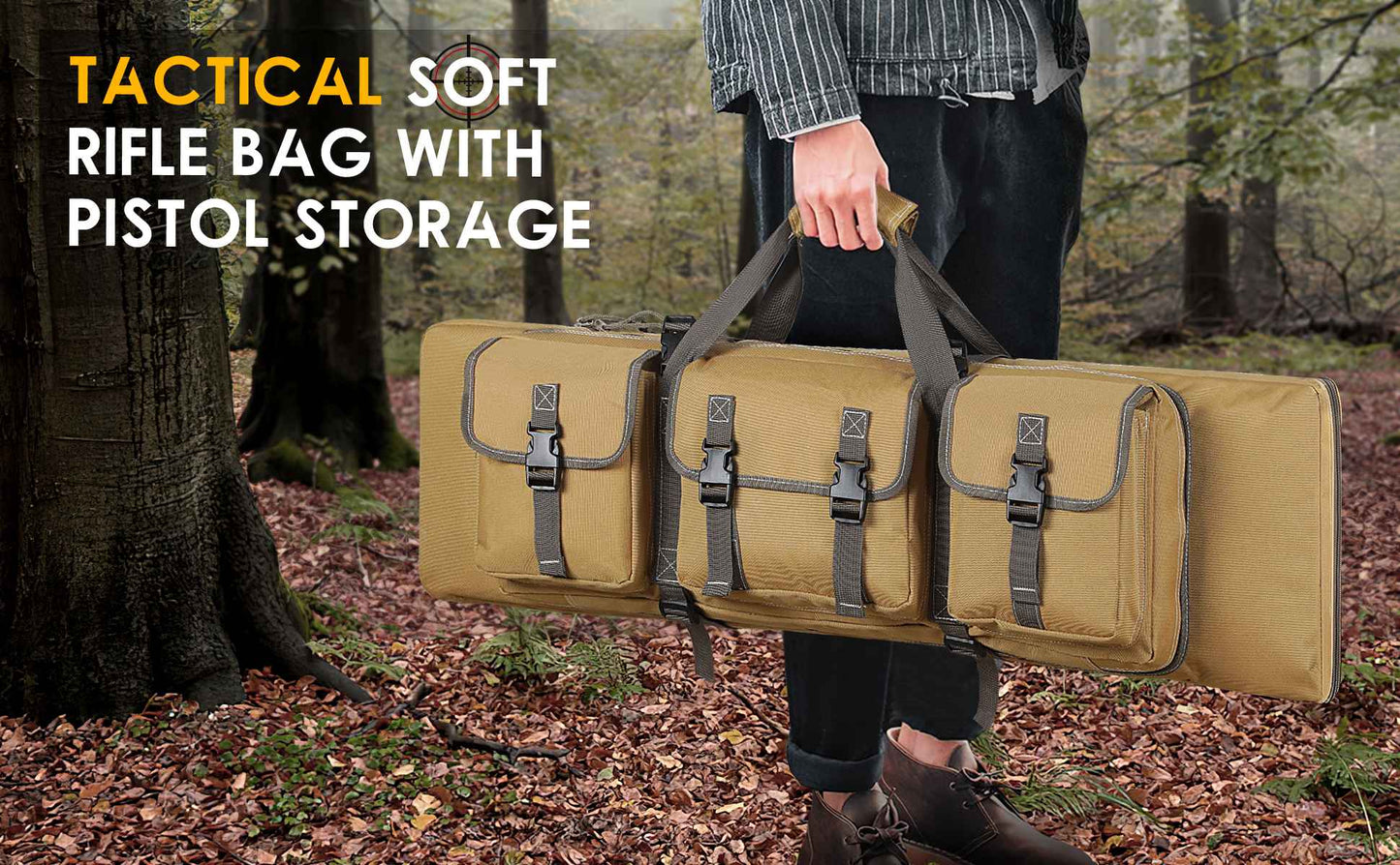 Person carrying a tan tactical soft rifle bag with three external pouches through a wooded area