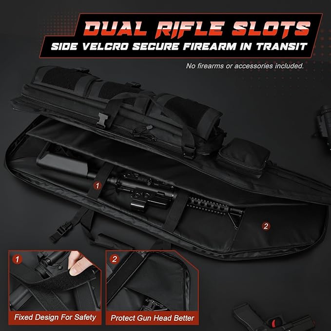 
                  
                    DULCE DOM tactical backpack showing dual rifle slots with velcro straps for security
                  
                