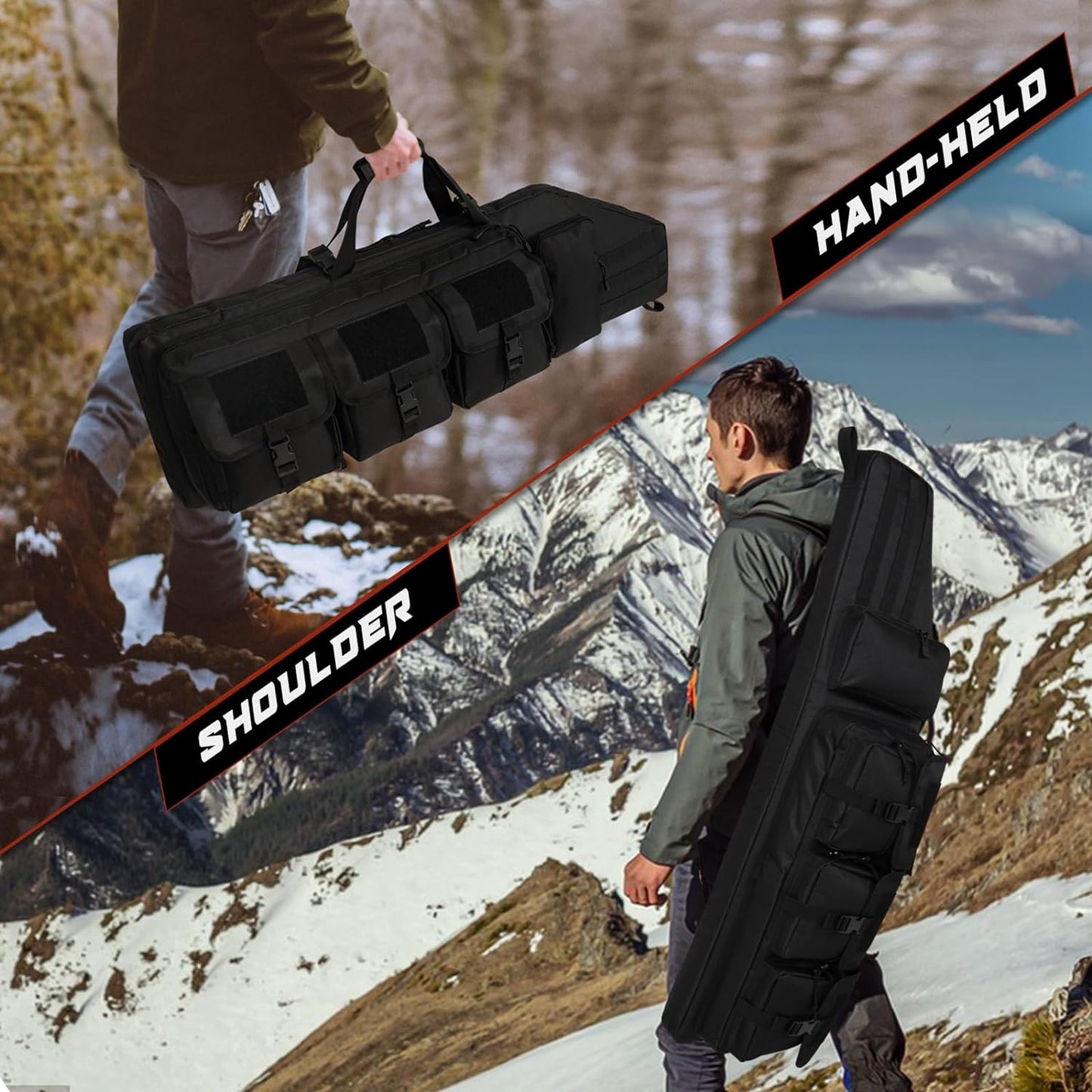 
                  
                    DULCE DOM tactical rifle bag carried on shoulders and by hand in mountain landscape.
                  
                