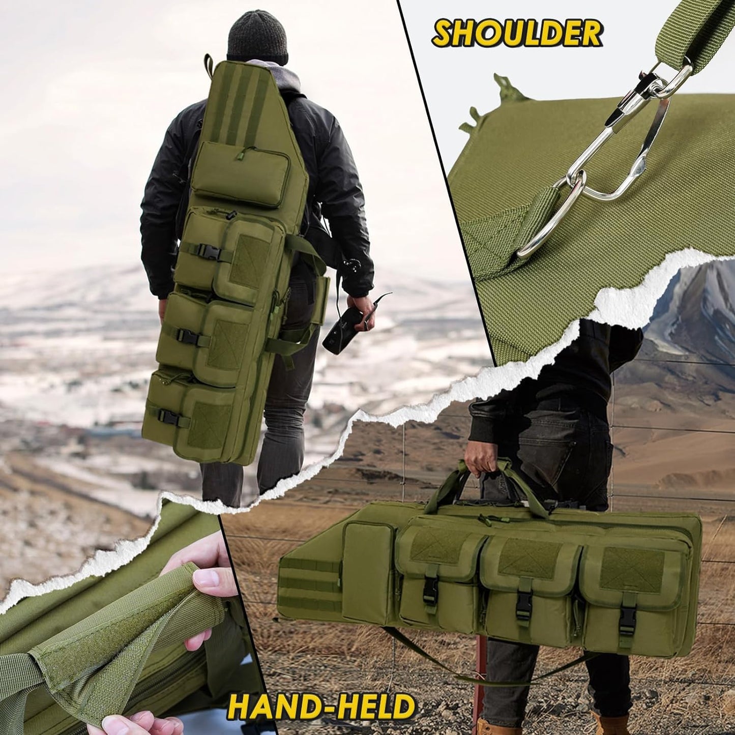
                  
                    DULCE DOM tactical rifle bag carried on shoulder and by hand with ample storage.
                  
                