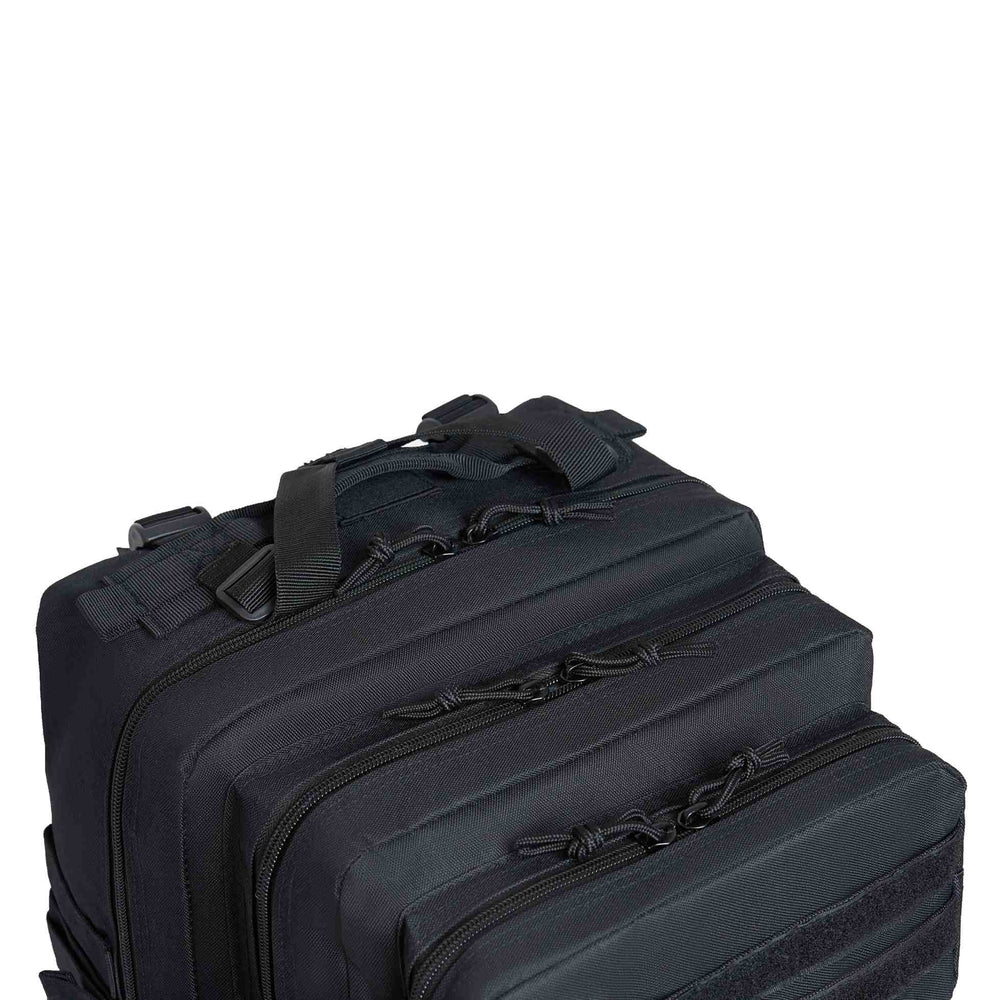 
                  
                    Top view of durable black tactical backpack with multiple zipper compartments.
                  
                