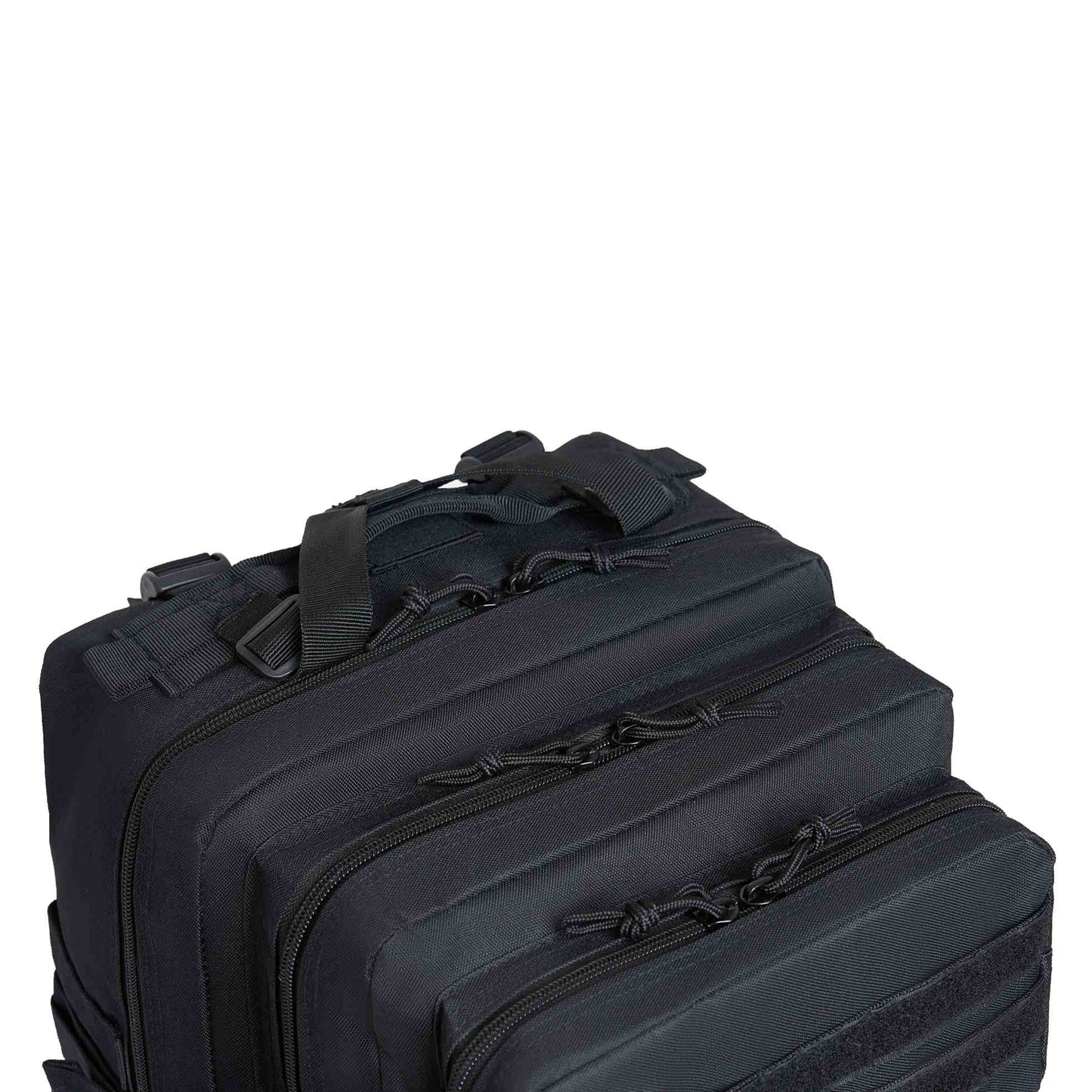 
                  
                    Top view of durable black tactical backpack with multiple zipper compartments.
                  
                