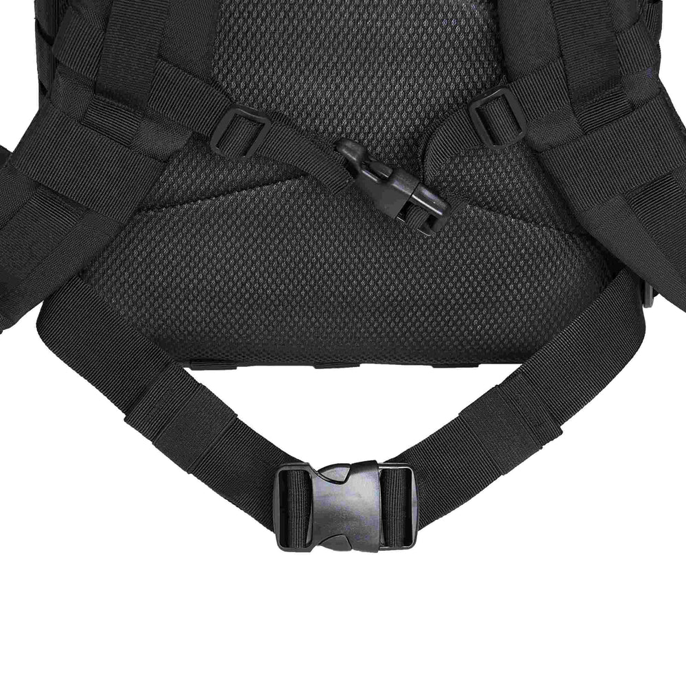 
                  
                    Ergonomic black tactical backpack straps with adjustable buckles for comfort.
                  
                