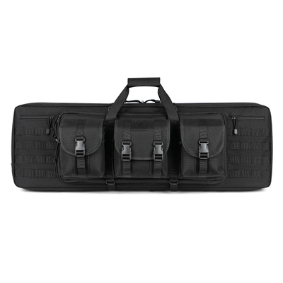 Black tactical rifle case with multiple pockets, MOLLE system, and carry handle