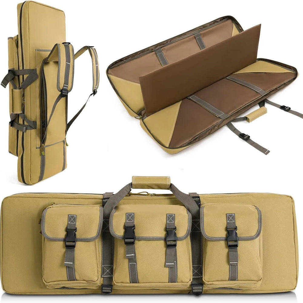DULCE DOM Tactical Rifle Case, khaki 600D Oxford, multiple compartments, backpack & hand carry for secure rifle transport.