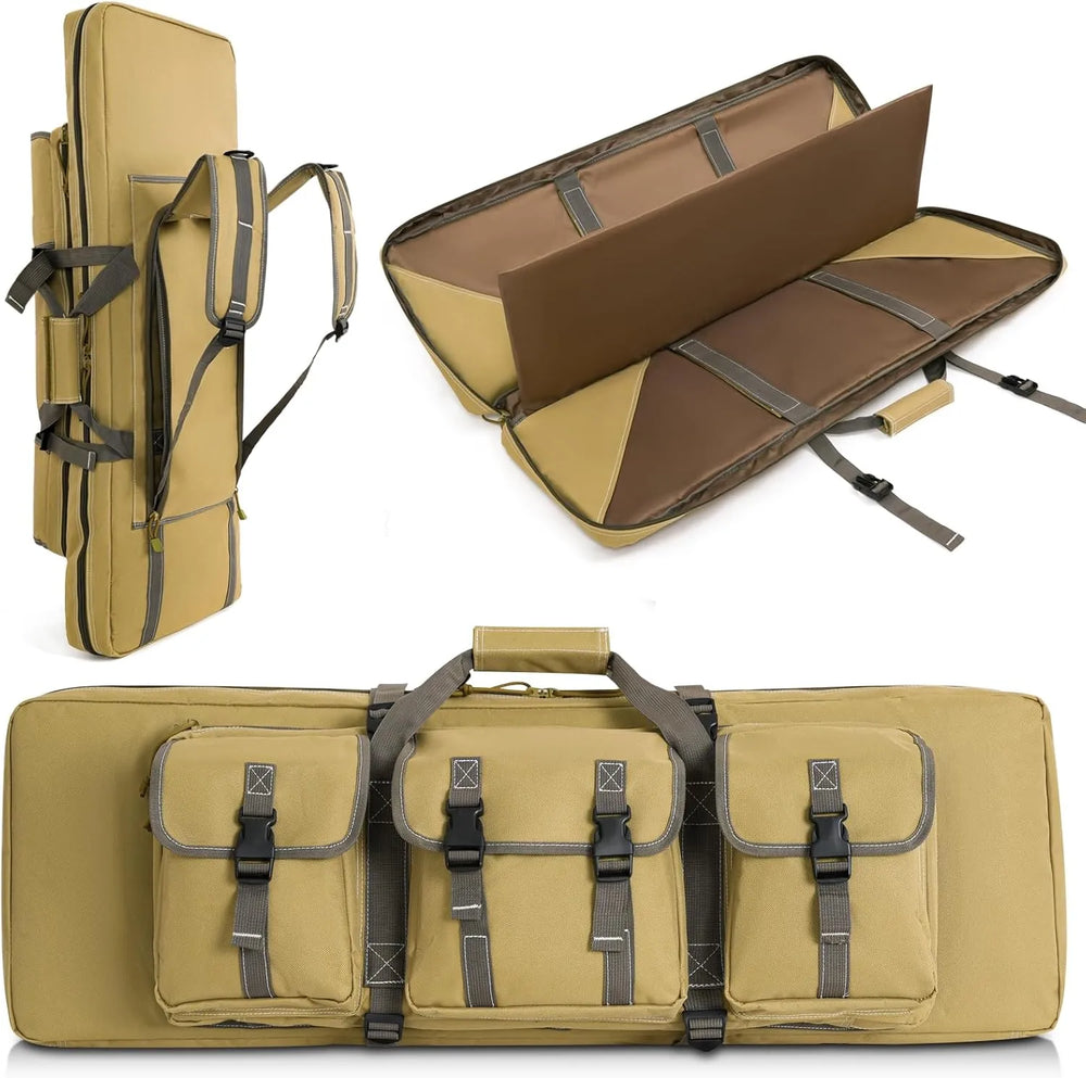 DULCE DOM Tactical Rifle Case, khaki 600D Oxford, multiple compartments, backpack & hand carry for secure rifle transport.