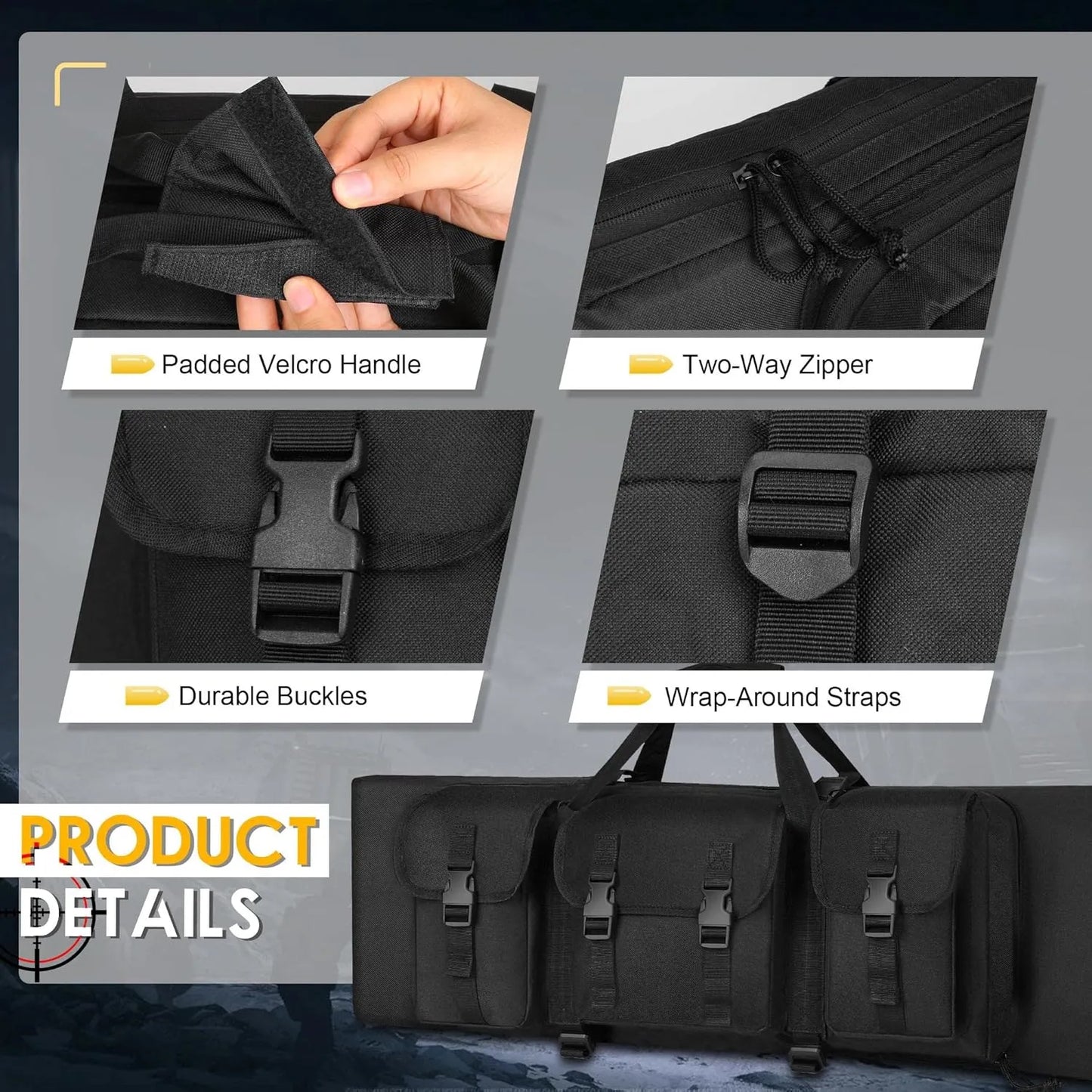 
                  
                    DULCE DOM Tactical Rifle Case features: Padded handle, two-way zipper, durable buckles, and wrap straps. Black Oxford fabric.
                  
                