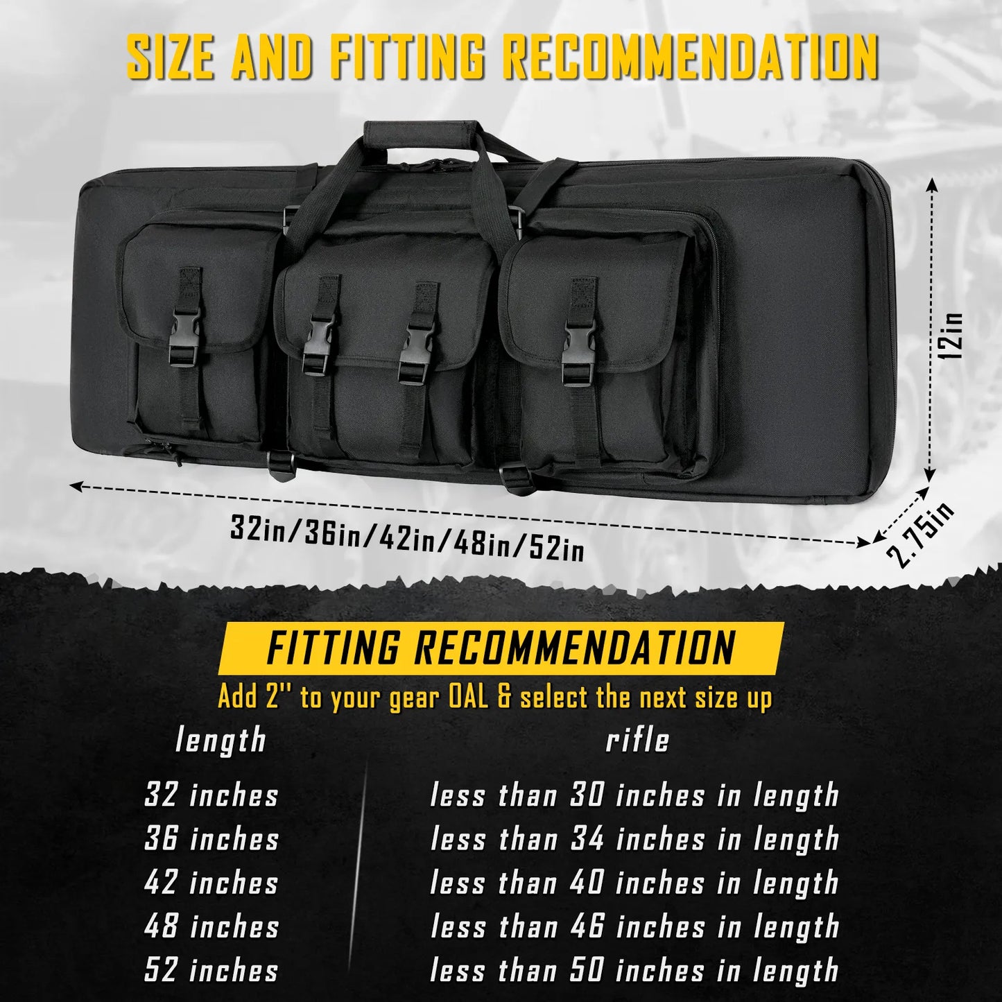 
                  
                    DULCE DOM rifle case size guide, black Oxford fabric, fitting recommendations for secure rifle transport.
                  
                