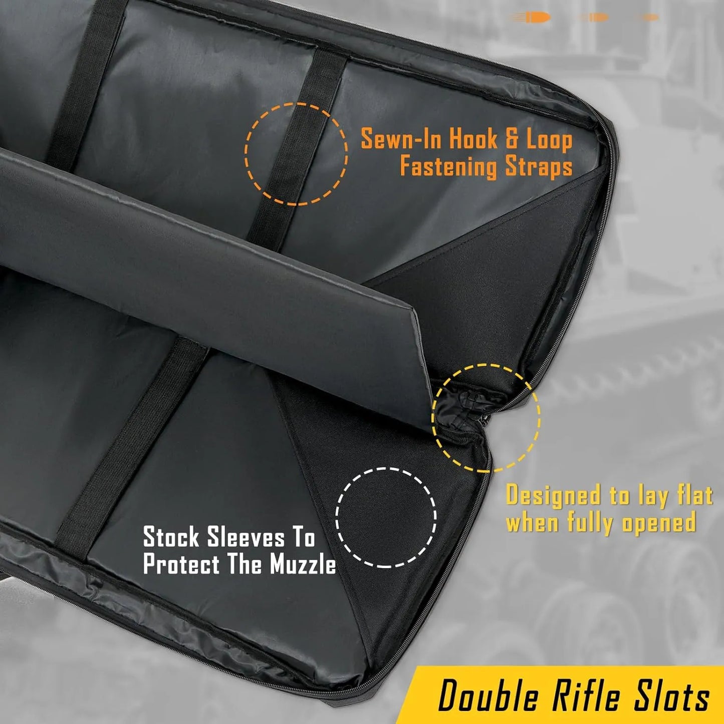 
                  
                    DULCE DOM double rifle case, black Oxford fabric, hook & loop straps, stock sleeves, and flat opening design.
                  
                