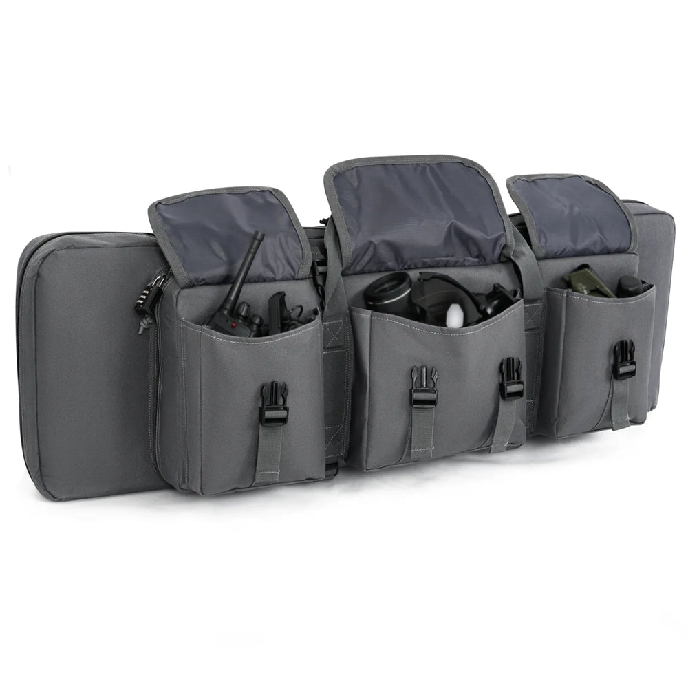
                  
                    Gray DULCE DOM rifle case with open pockets for accessories. Durable Oxford fabric for secure transport.
                  
                