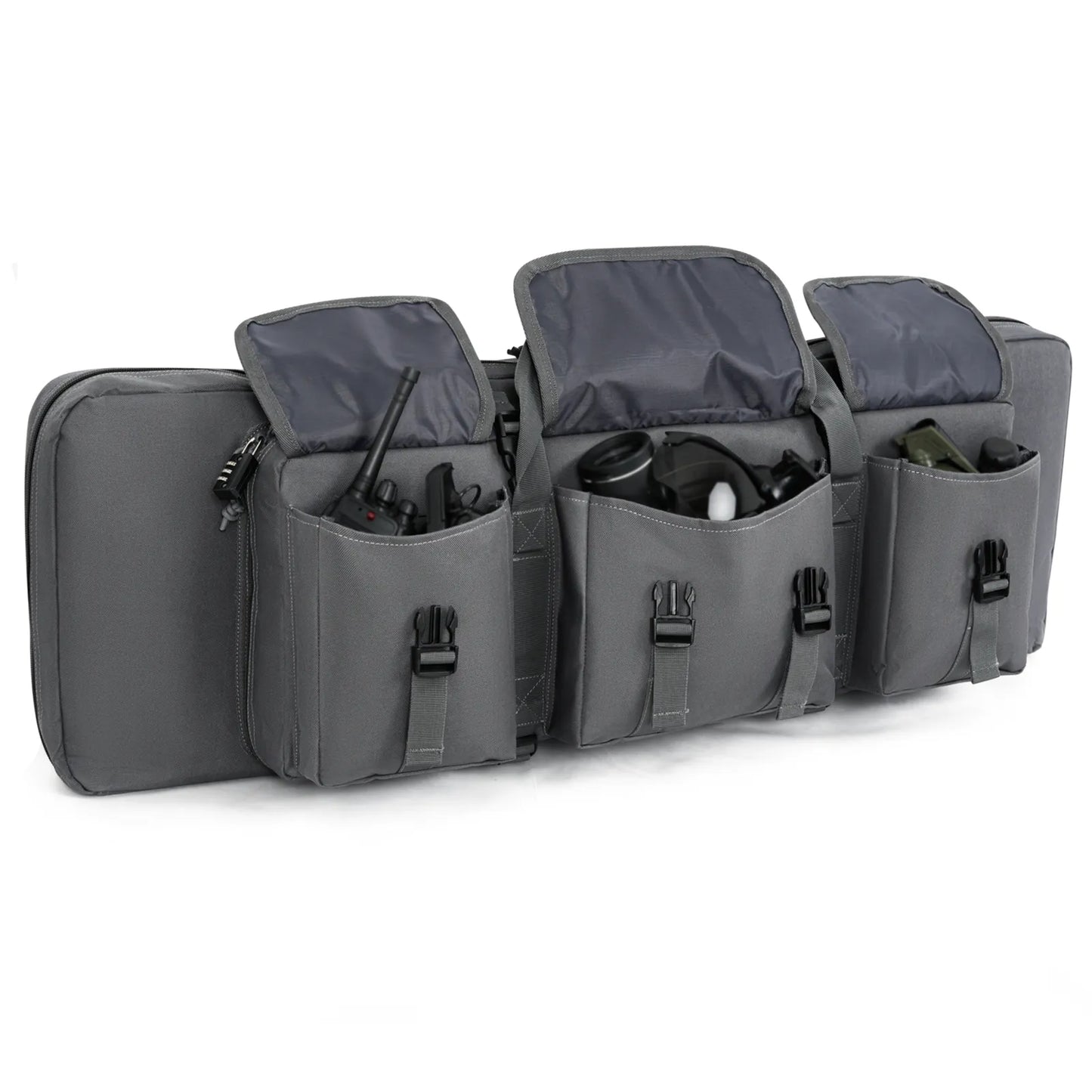 
                  
                    Gray DULCE DOM rifle case with open pockets for accessories. Durable Oxford fabric for secure transport.
                  
                