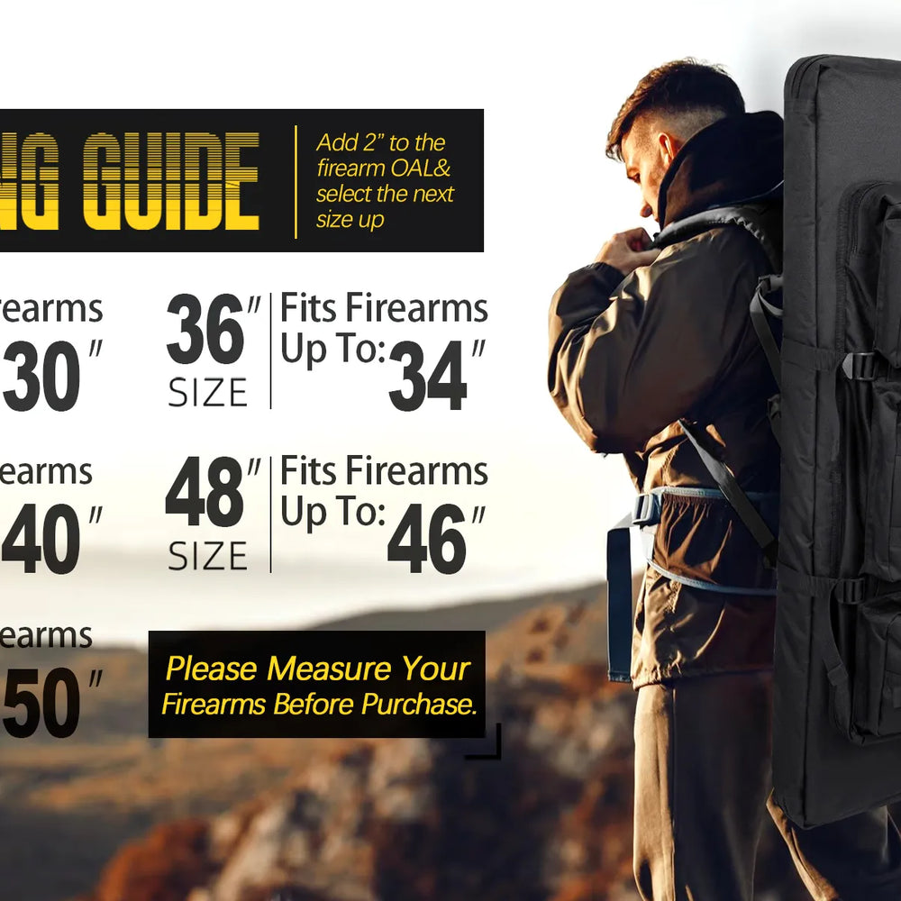 
                  
                    DULCE DOM rifle case size guide. Black tactical rifle case with size recommendations. Measure firearms before purchase.
                  
                