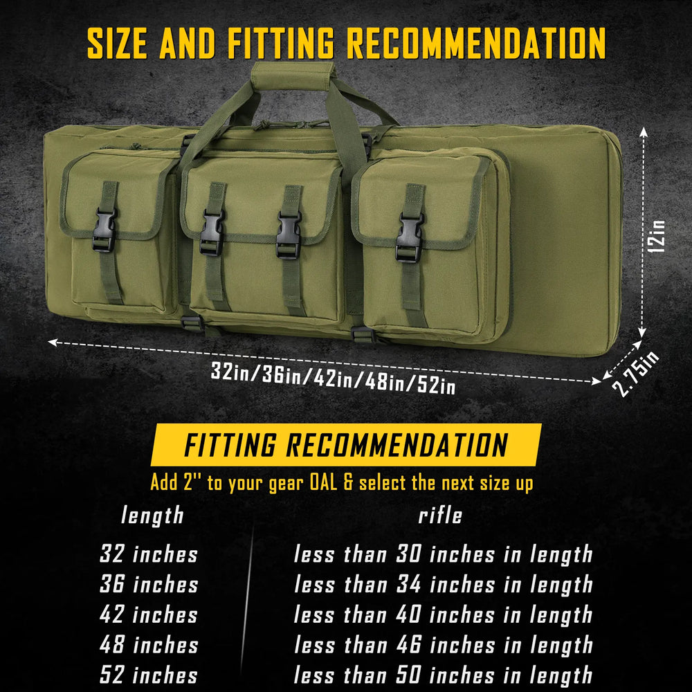 
                  
                    DULCE DOM Rifle Case size guide with fitting recommendations in Khaki Oxford fabric for secure rifle transport.
                  
                