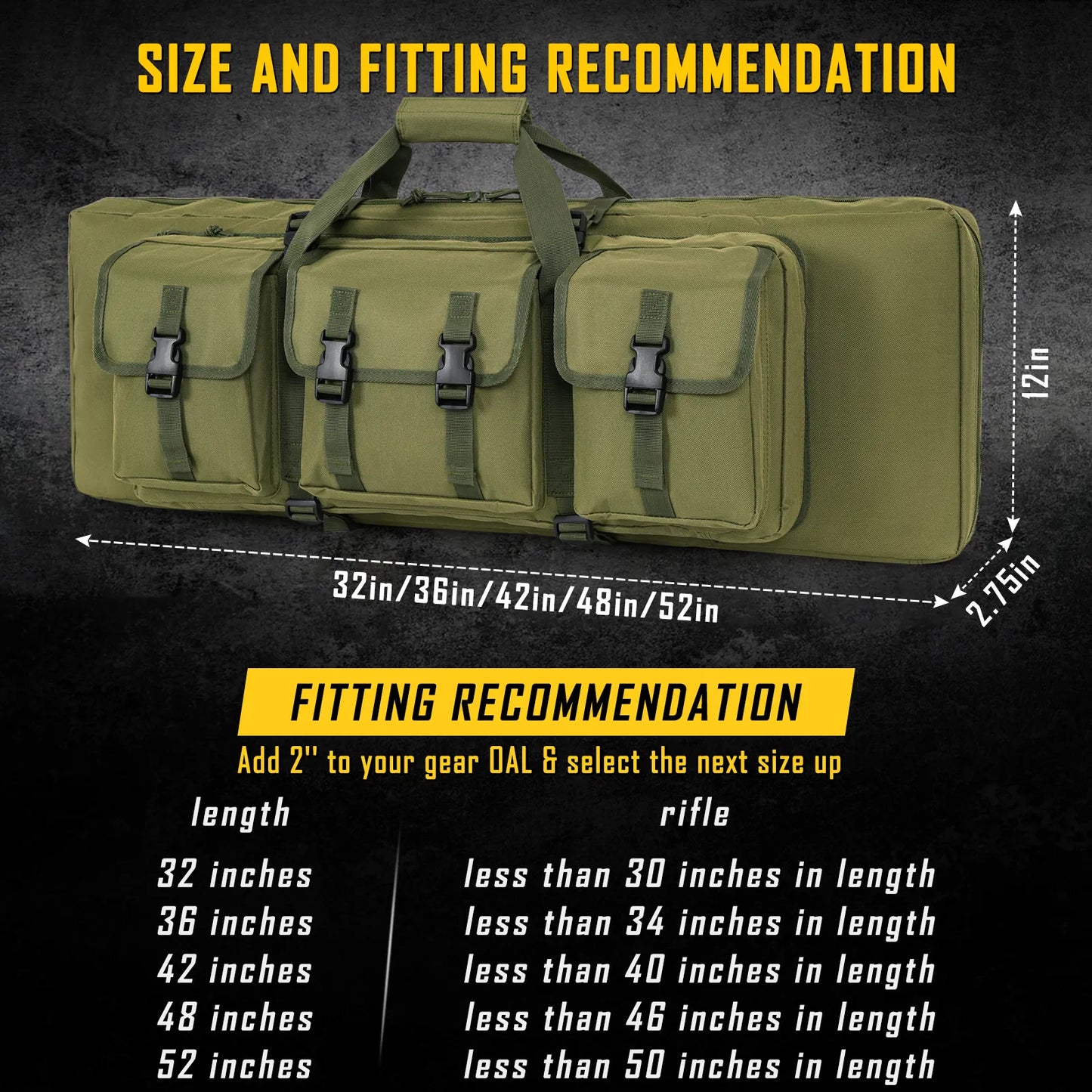 
                  
                    DULCE DOM Rifle Case size guide with fitting recommendations in Khaki Oxford fabric for secure rifle transport.
                  
                