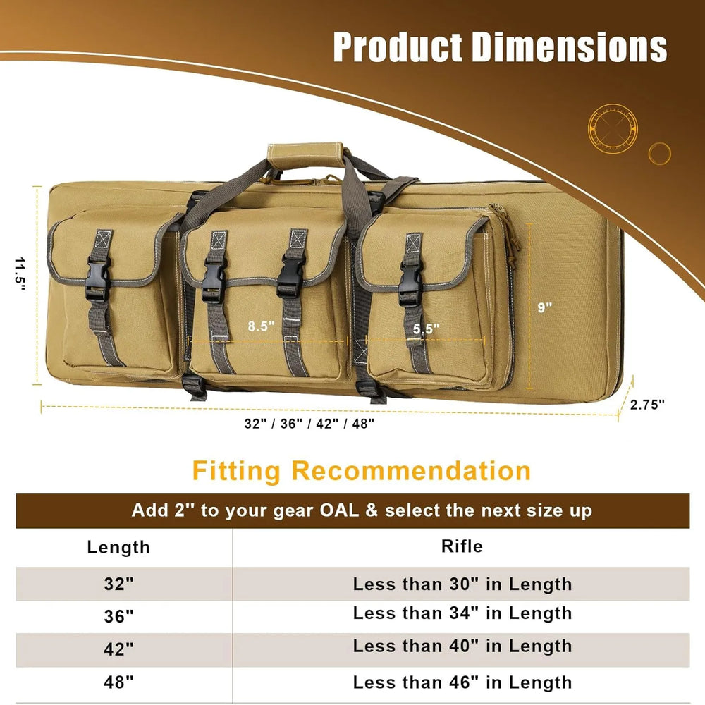 
                  
                    DULCE DOM Tactical Rifle Case dimensions and fitting recommendation, khaki Oxford fabric, multiple sizes.
                  
                