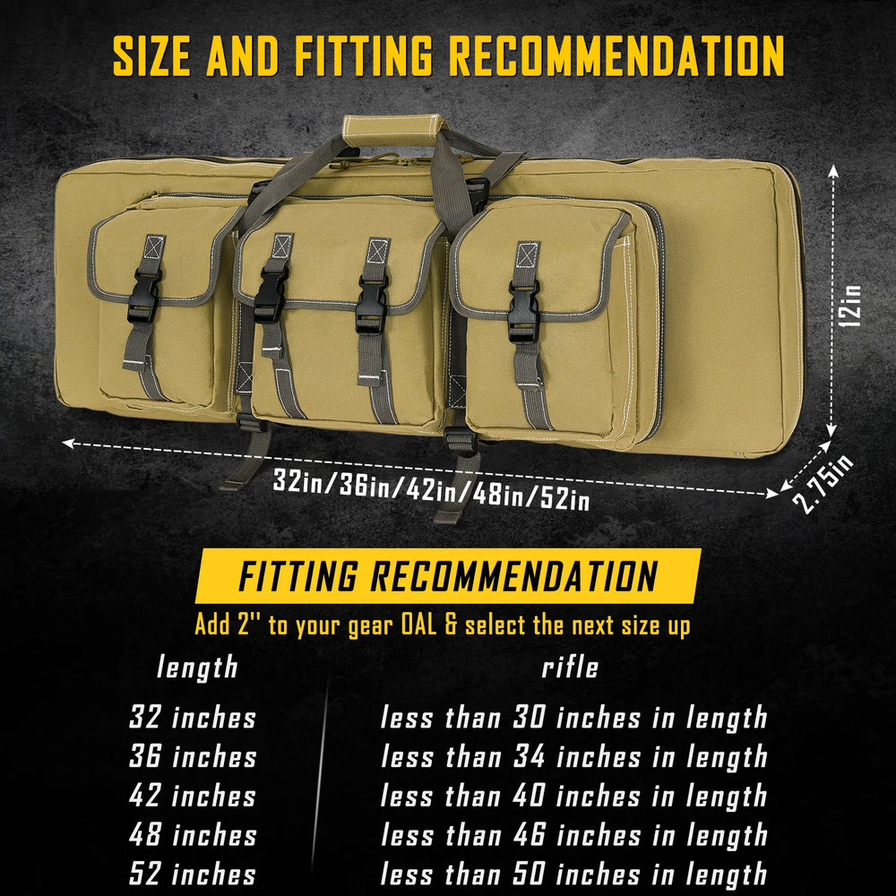 
                  
                    DULCE DOM Tactical Rifle Case size guide: Khaki case with fitting recommendations. Measure OAL and add 2 inches.
                  
                