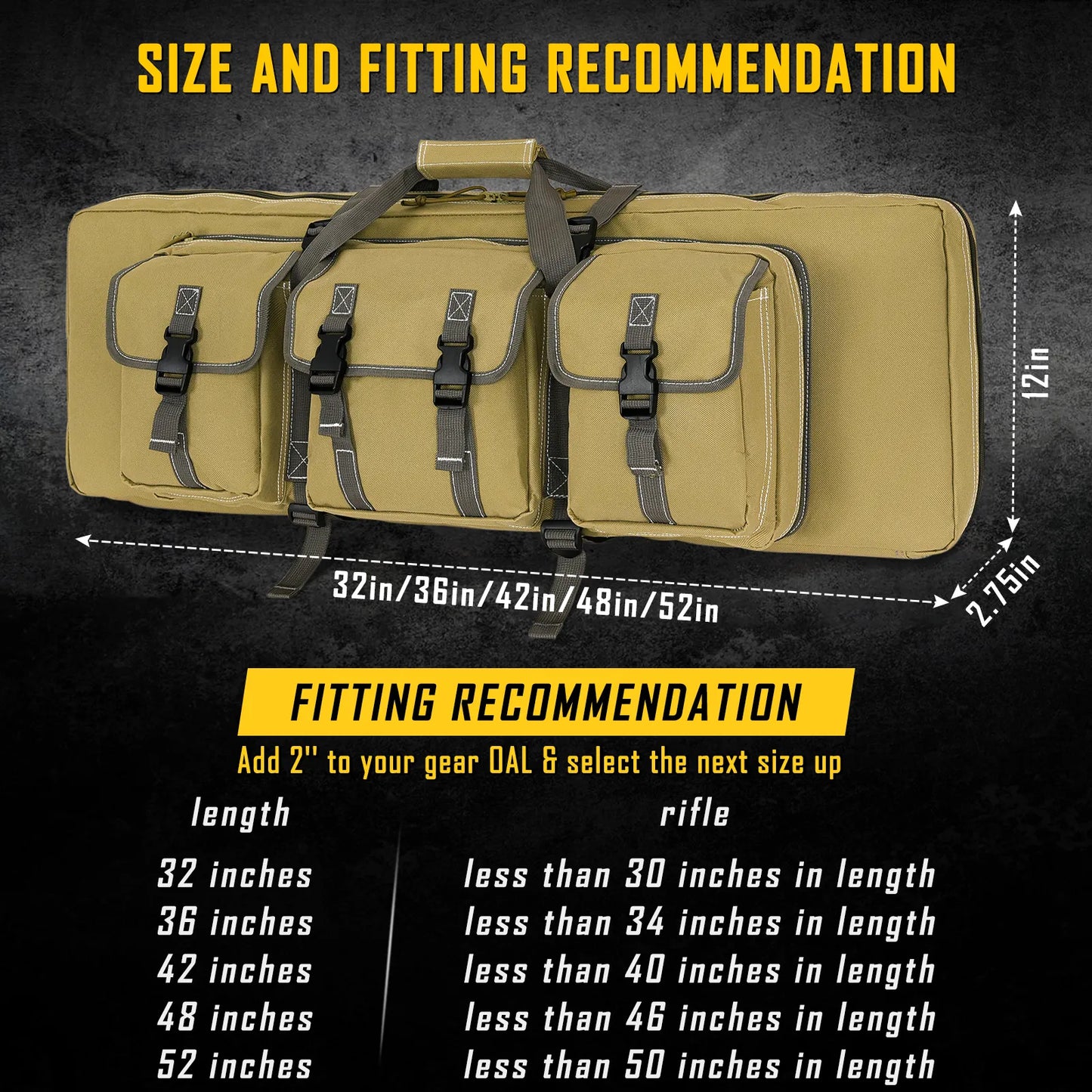 
                  
                    DULCE DOM Tactical Rifle Case size guide: Khaki case with fitting recommendations. Measure OAL and add 2 inches.
                  
                
